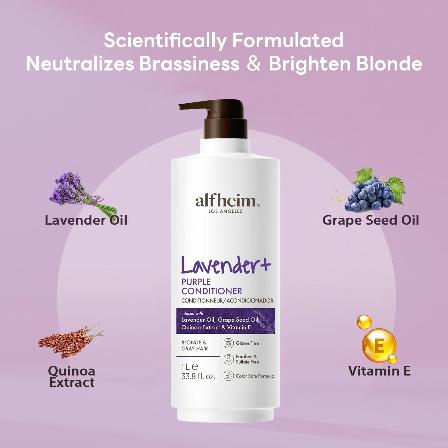Alfheim Lavender+ Purple Conditioner | Neutralize Yellowing & Brass Tones | Sulfate-Free, Color-Safe Formula For Highlighted, Silver & Blonde Hair | Inflused With Lavender & Grape Seed Oil | 33.8 Oz