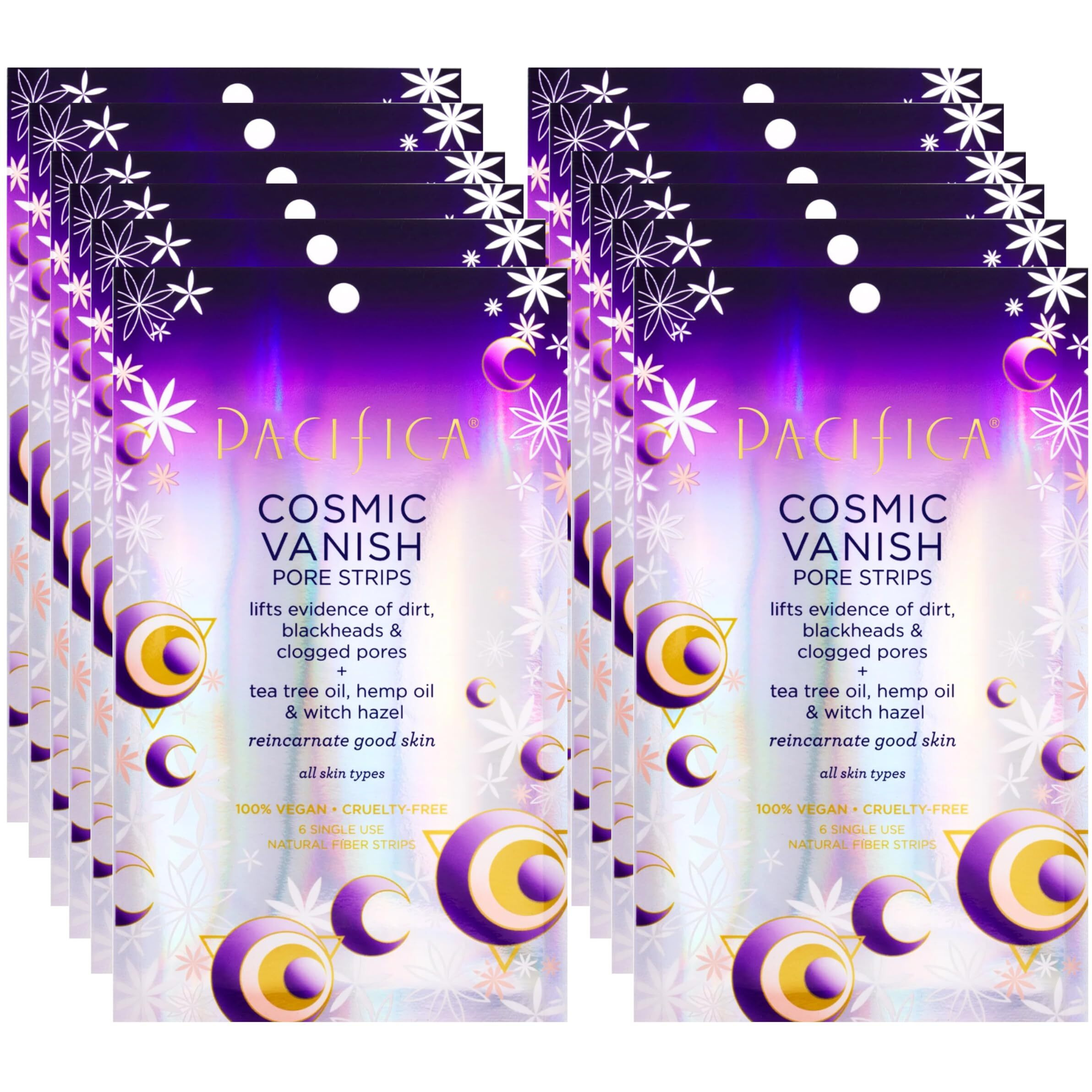 Pacifica - Blackhead Remover Pore Strips - 12-Pack Cosmic Vanish - For Nose, Chin & Forehead - Deep Cleansing Nose Strips W/Instant Pore Unclogging - Oil-Free Vegan Dermatologist Tested
