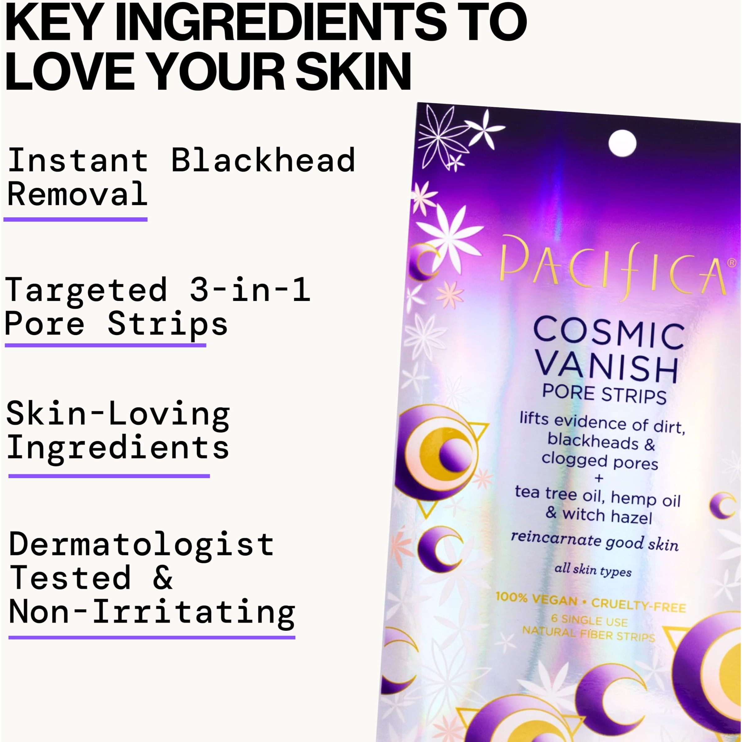 Pacifica - Blackhead Remover Pore Strips - 12-Pack Cosmic Vanish - For Nose, Chin & Forehead - Deep Cleansing Nose Strips W/Instant Pore Unclogging - Oil-Free Vegan Dermatologist Tested