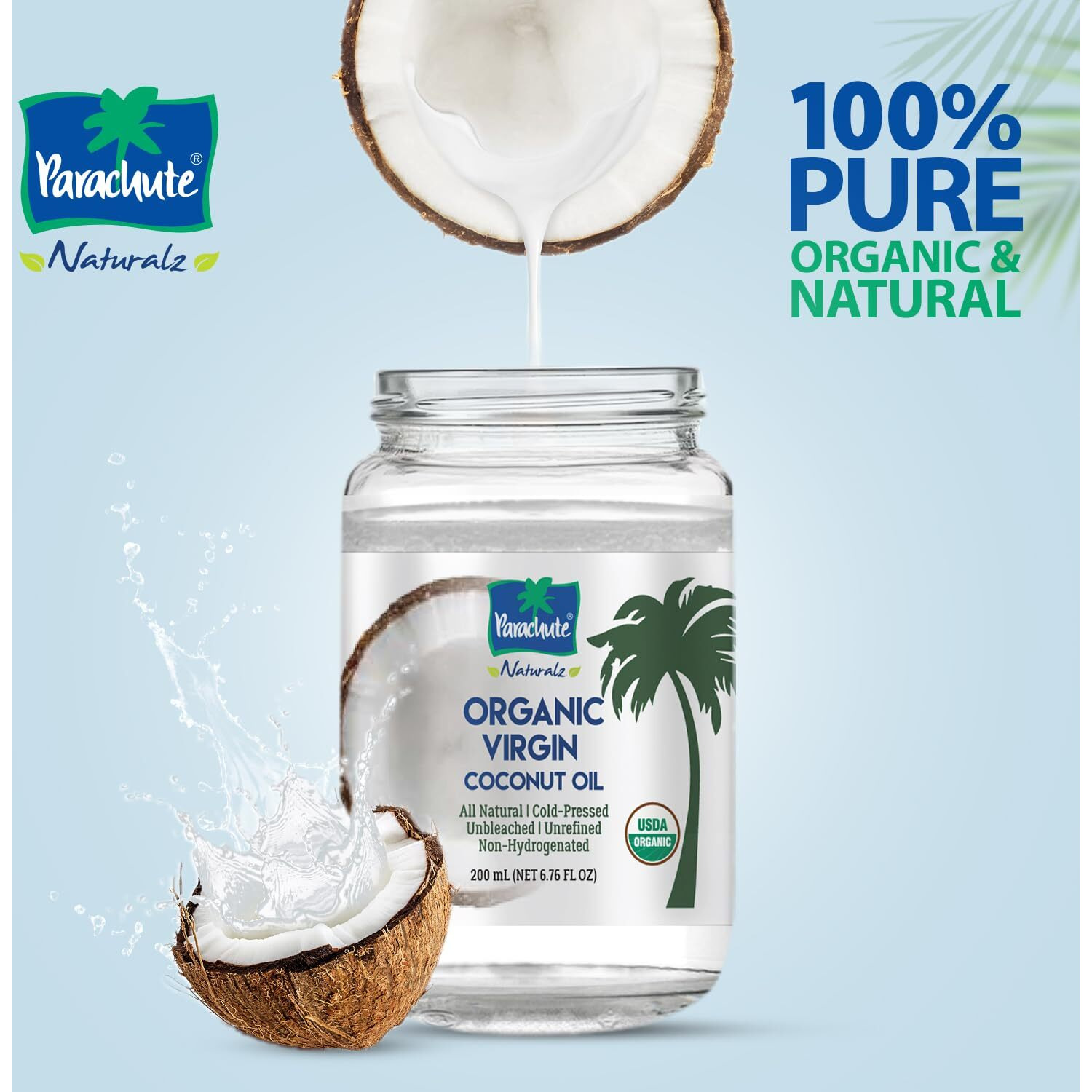 Parachute Naturalz Organic Virgin Coconut Oil | Cooking, Hair, Body Oil & Pulling | Cold Pressed | Unrefined | Unbleached | Mct Oil | Usda Certified | 6.7 Fl.Oz | Pack Of 2 | Glass Jar