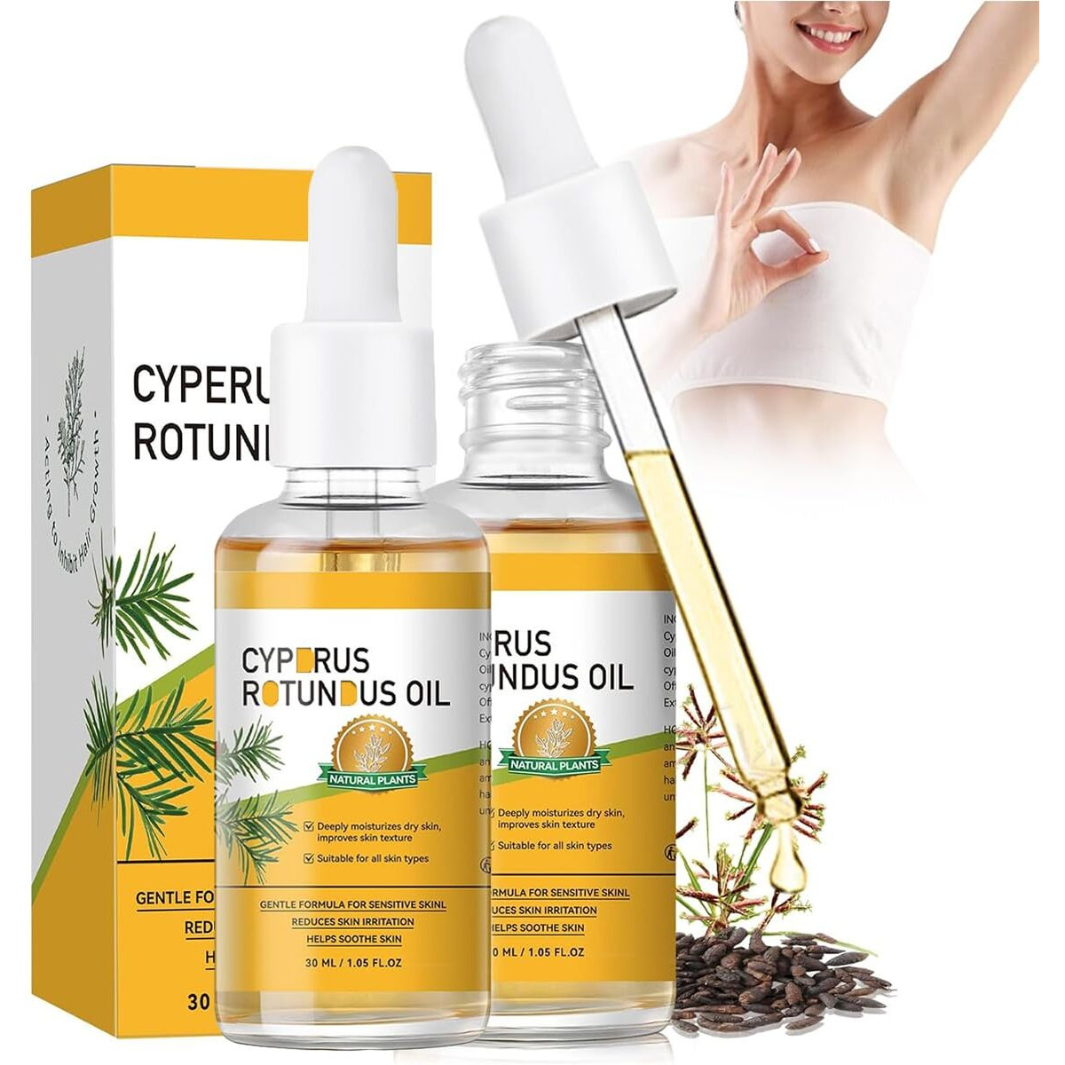 Cyprus Rotundus Oil, 2 Pcs Cyperus Rotundus Oil For Hair Removal 100% Natural Cyprus Oil With Dropper, Reduces Hair Growth, Soothes Skin Care For Men & Women, 2.1 Fl Oz