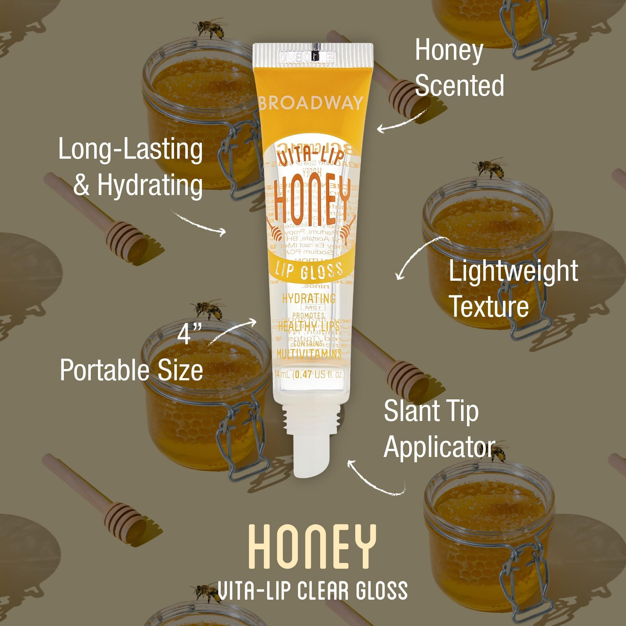 Ruby Kisses Broadway Vita-Lip Clear Lip Gloss (Honey 6 Pack), Ultra-Hydrating & Soothing Formula With Multi-Vitamin Oils, High-Shine Non-Sticky Finish, Nourishing Glossy Lip Balm For Healthy Lips