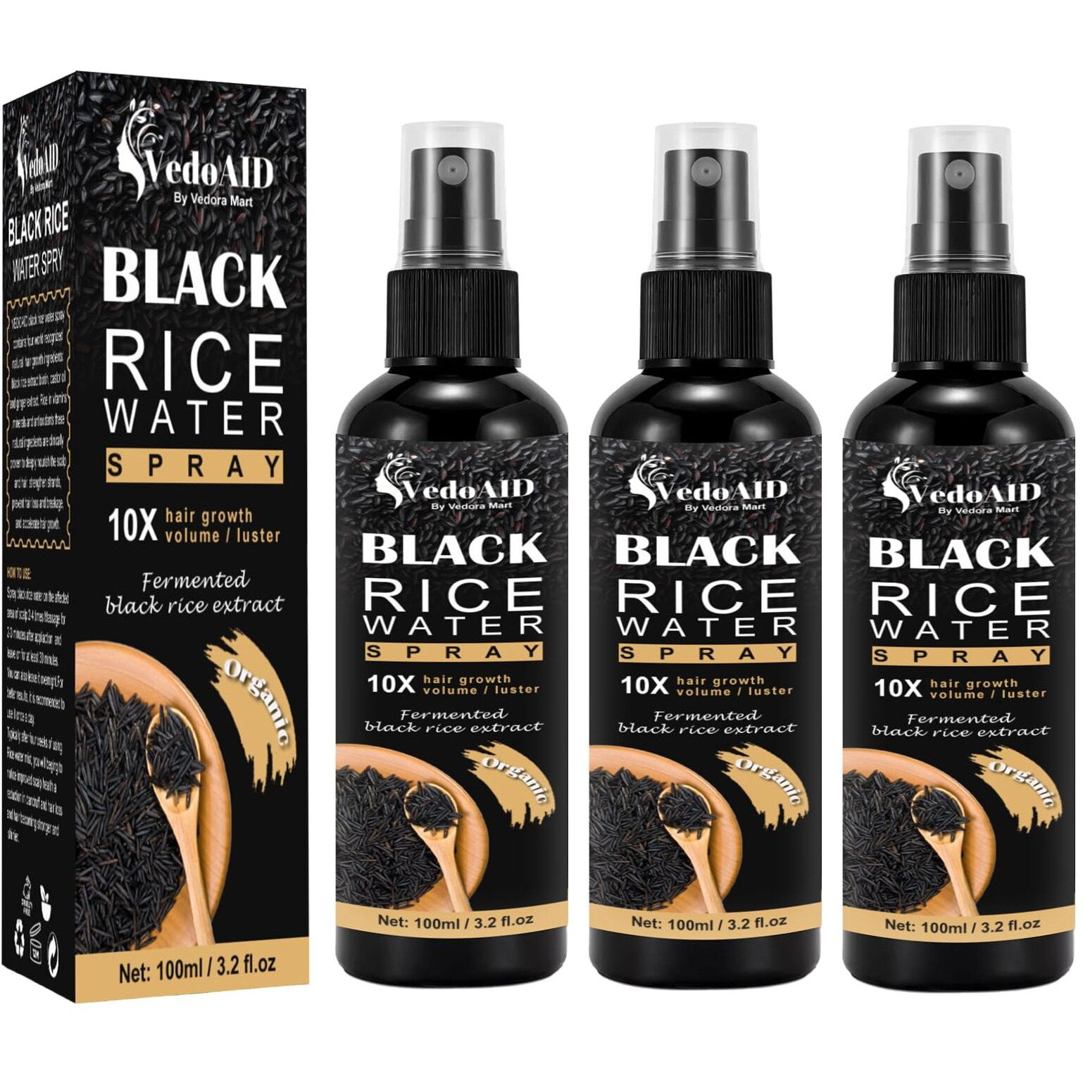 Vedoaid Black Rice Water Spray For Hair Growth - Organic Hair Serum With Castor Oil & Ginger Root - Strengthens, Thickens & Repairs Hair - Hair Loss Treatment For Women & Men - 100Ml/3.2 Fl.Oz (3Pc)