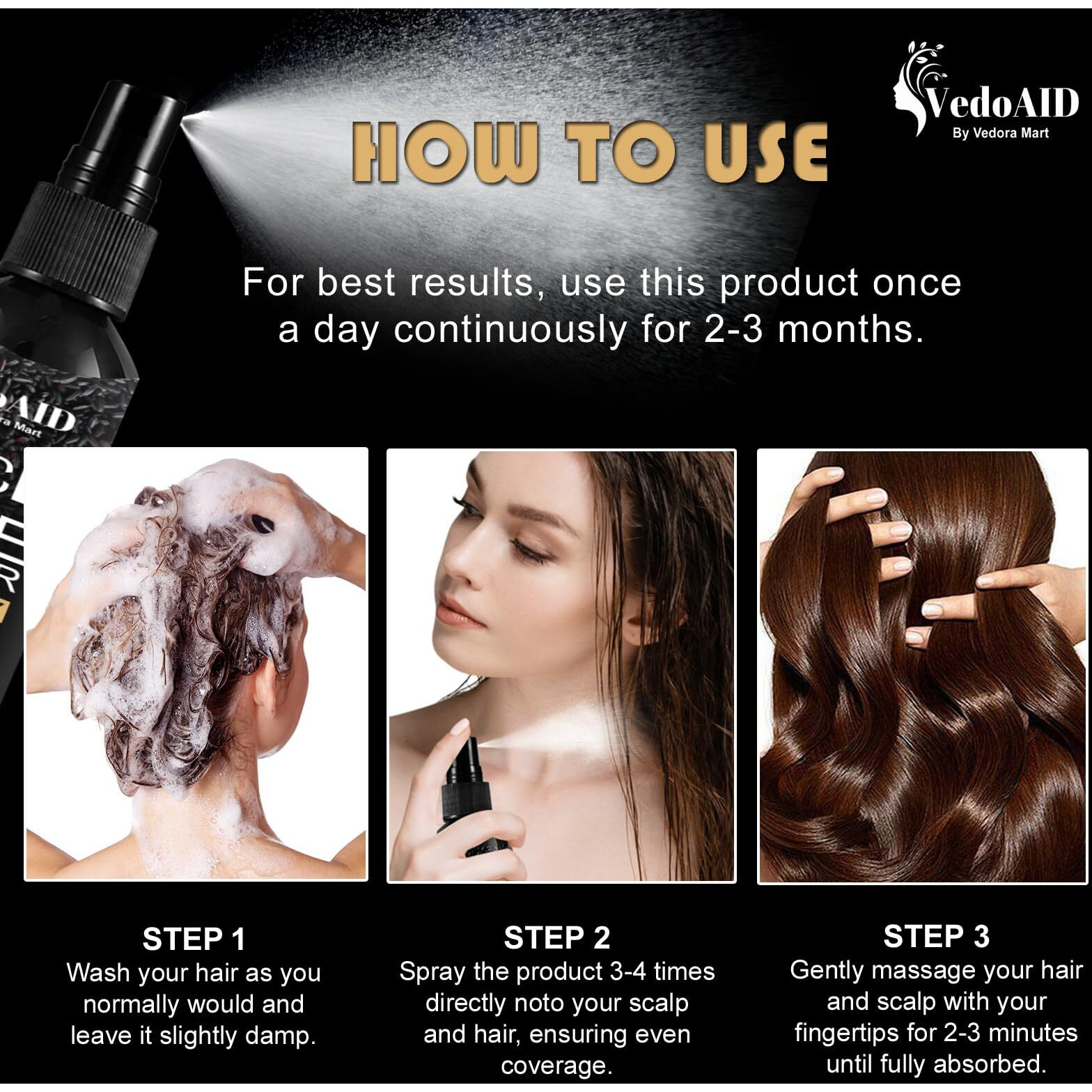 Vedoaid Black Rice Water Spray For Hair Growth - Organic Hair Serum With Castor Oil & Ginger Root - Strengthens, Thickens & Repairs Hair - Hair Loss Treatment For Women & Men - 100Ml/3.2 Fl.Oz (3Pc)
