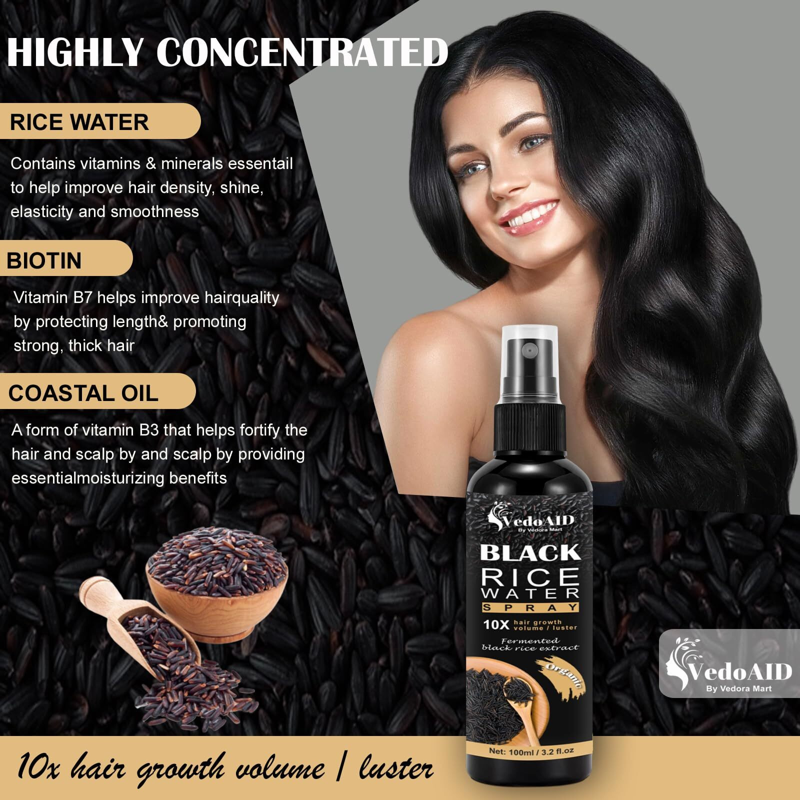 Vedoaid Black Rice Water Spray For Hair Growth - Organic Hair Serum With Castor Oil & Ginger Root - Strengthens, Thickens & Repairs Hair - Hair Loss Treatment For Women & Men - 100Ml/3.2 Fl.Oz (3Pc)