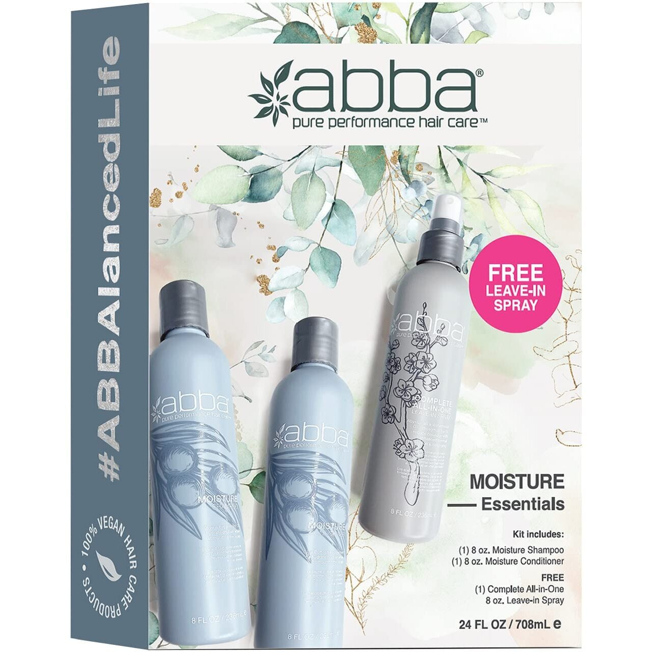 Abba - Pure Moisture Essentials Value Trio - Shampoo, Conditioner & Bonus All-In-One Leave-In Spray - Hydrating & Nourishing - Olive Butter & Peppermint Oil