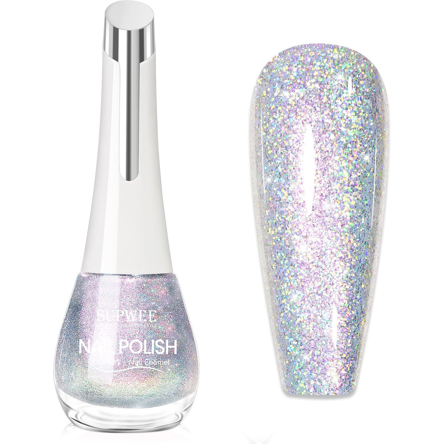 Supwee Glitter Holographic Nail Polish Quick Dry High Glossy Shiny Shimmer Nail Polish Oil-Based Holo Fingernail And Toenail Air Dry Fast Beauty Art Manicure Gift For Women Girls 16Ml, 0.54Fl Oz