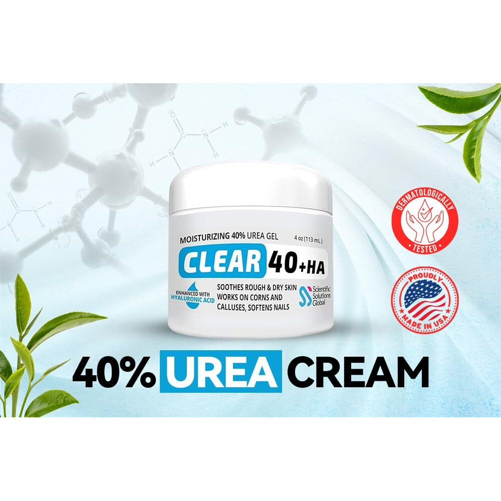 Clear Urea Cream 40% + 1% Hyaluronic Acid (4Oz) | Softens Cracked Heels & Dry Skin Urea Cream 40 Percent - Infused W Tea Tree & Coconut Oil | Callus & Corn Treatment | Made In Usa