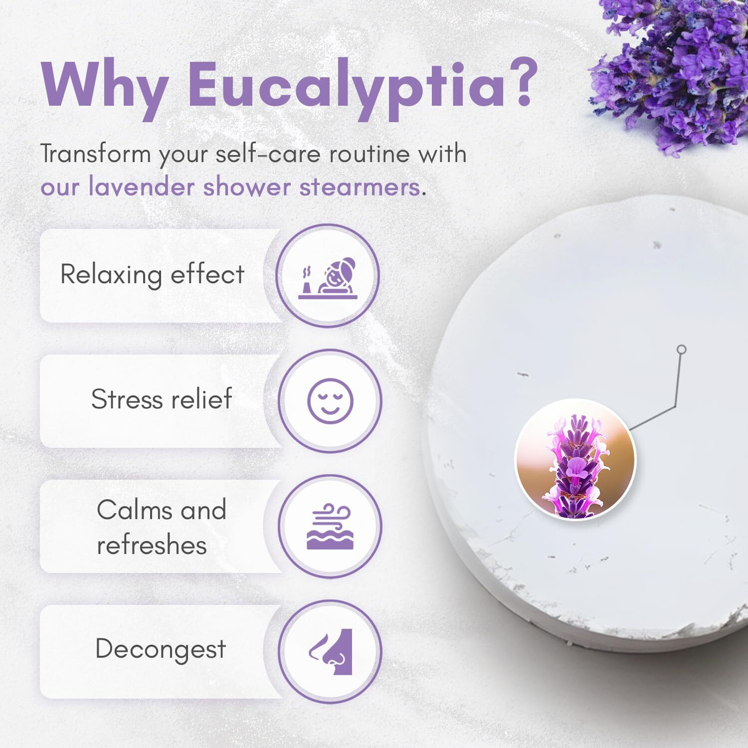 Eucalyptia - Lavanader Shower Steamers - 10 Pack Aromatherapy Tablets For Relaxation, Stress Relief, Handmade Natural Essential Oils, Spa Shower Tablets, Perfect Birthday Gifts For Women (Lavender)