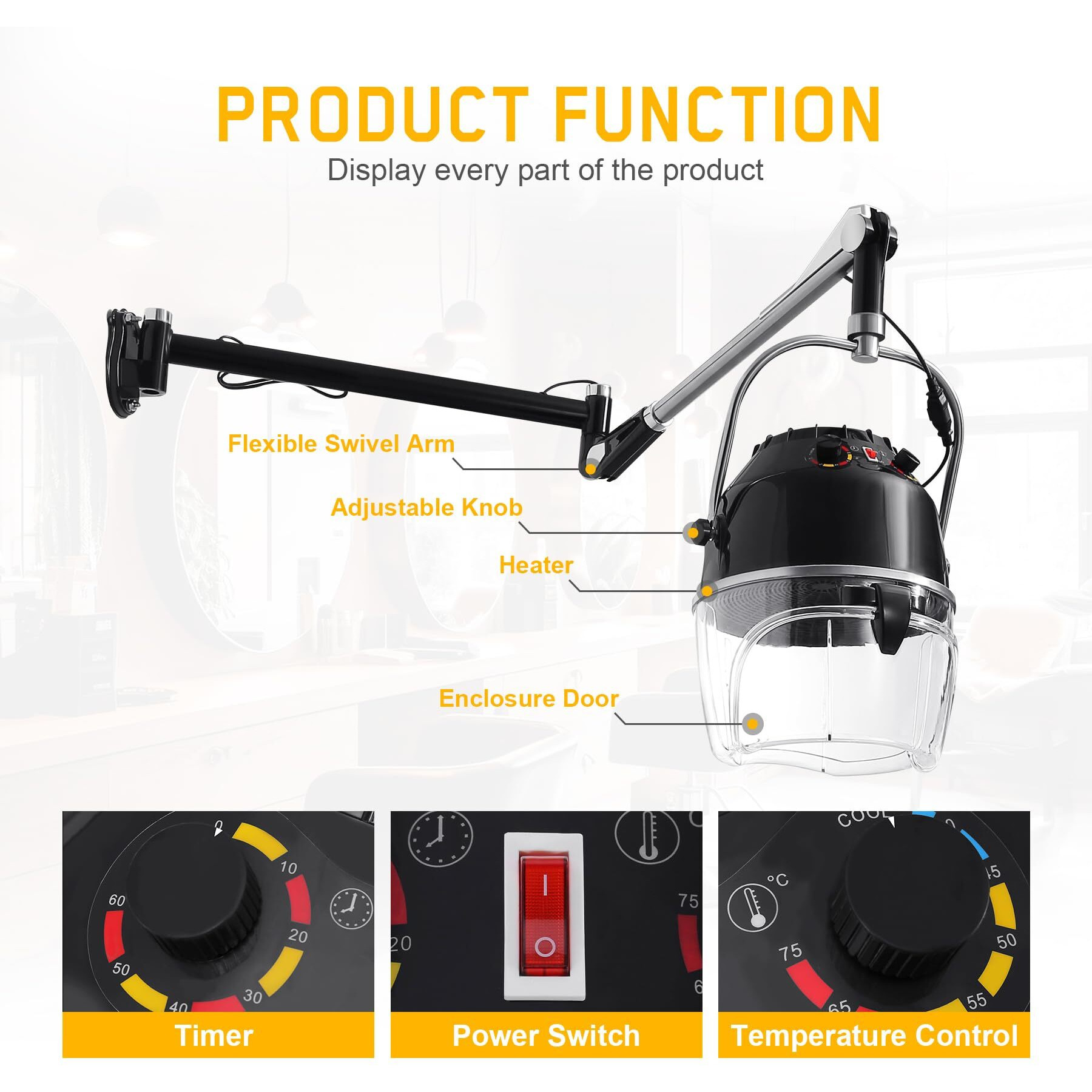 Try-Yean Wall Mounted Hair Dryer With Swivel Arm, Multifunctional Hair Processor Machine For Hair Care, Hair Dyeing, Oil Baking, Cold Perm Heating, Drying And Styling