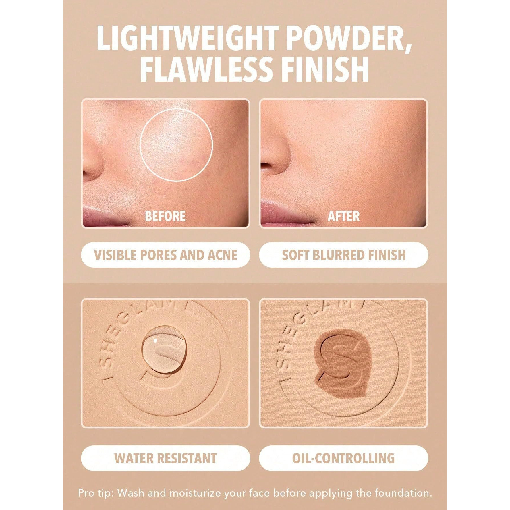 Sheglam Skin-Focus Full Coverage Powder Foundation Oil-Control Lightweight Face Pressed Powder Makeup-Acorn