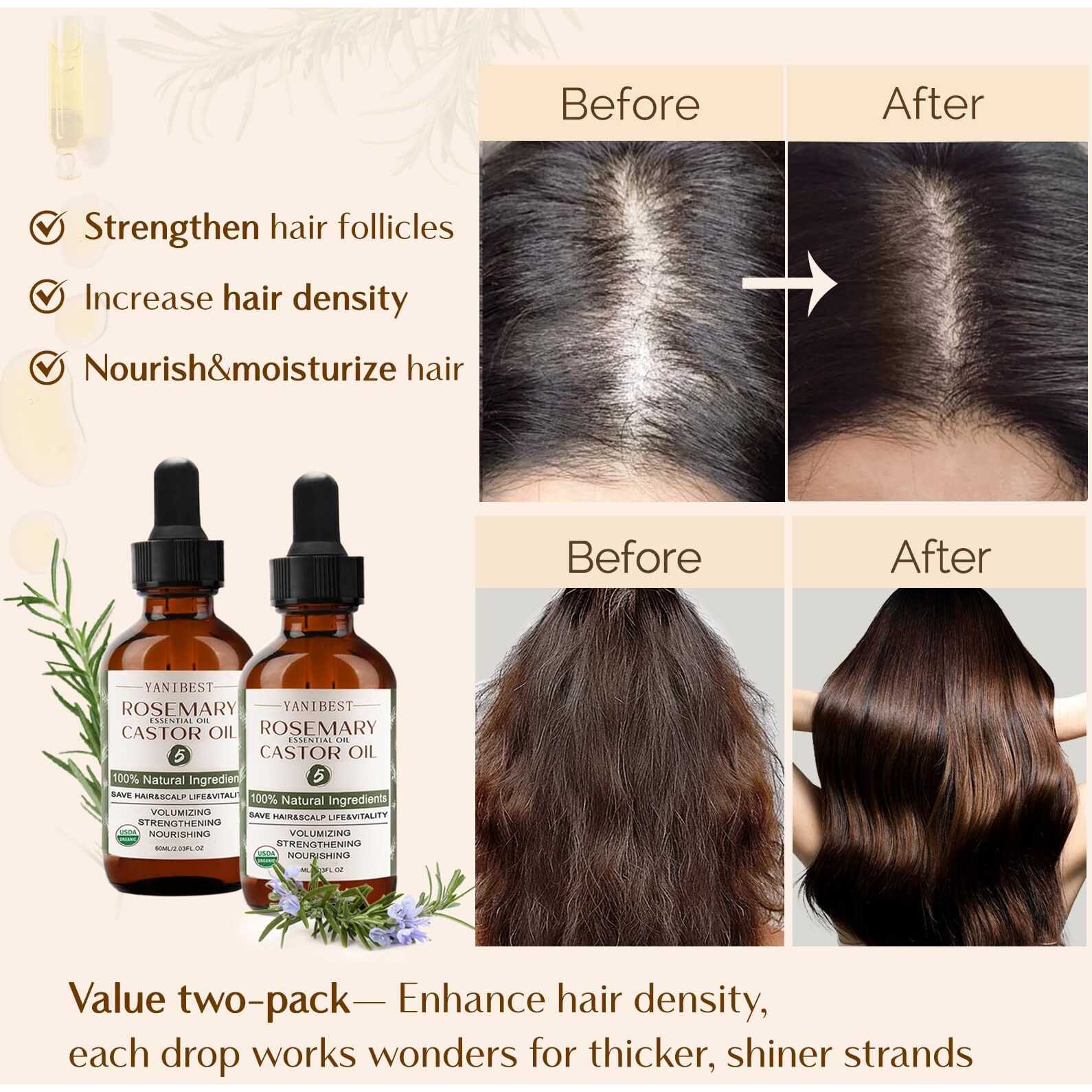 Yanibest Rosemary Oil 2 Pack, Rosemary Hair Oil For Thickening Hair, Nourish Moisturize Hair, Improve Scalp Health