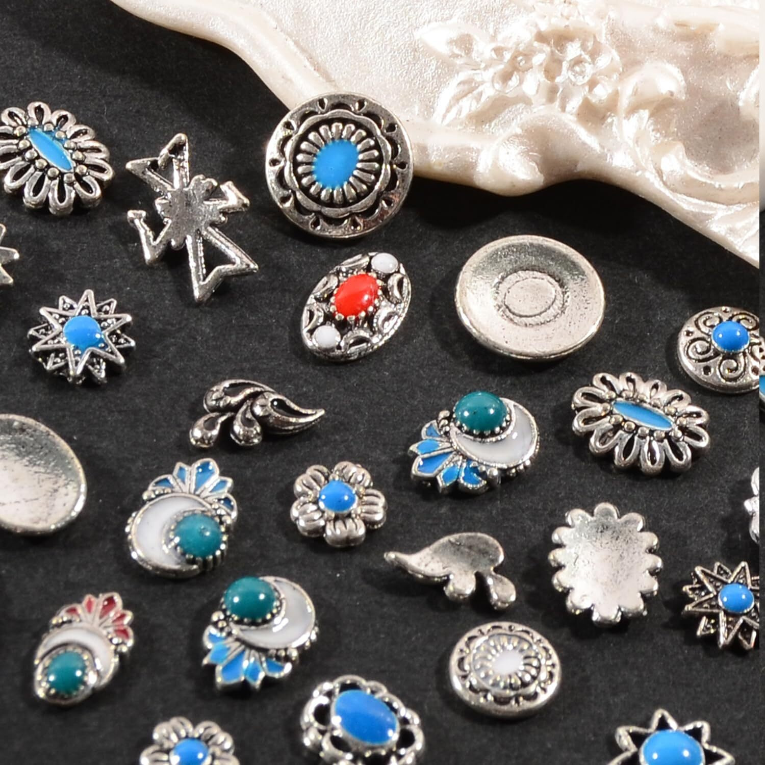 Baiyiyi 3D Mixed Pattern Vintage Alloy Nail Charms,30 Pcs Metal Retro Dripping Oil Marble Nail Art Rhinestone Nail Gems Nail Jewels For Acrylic Nails Women Diy Nail Decorations Craft Supplies