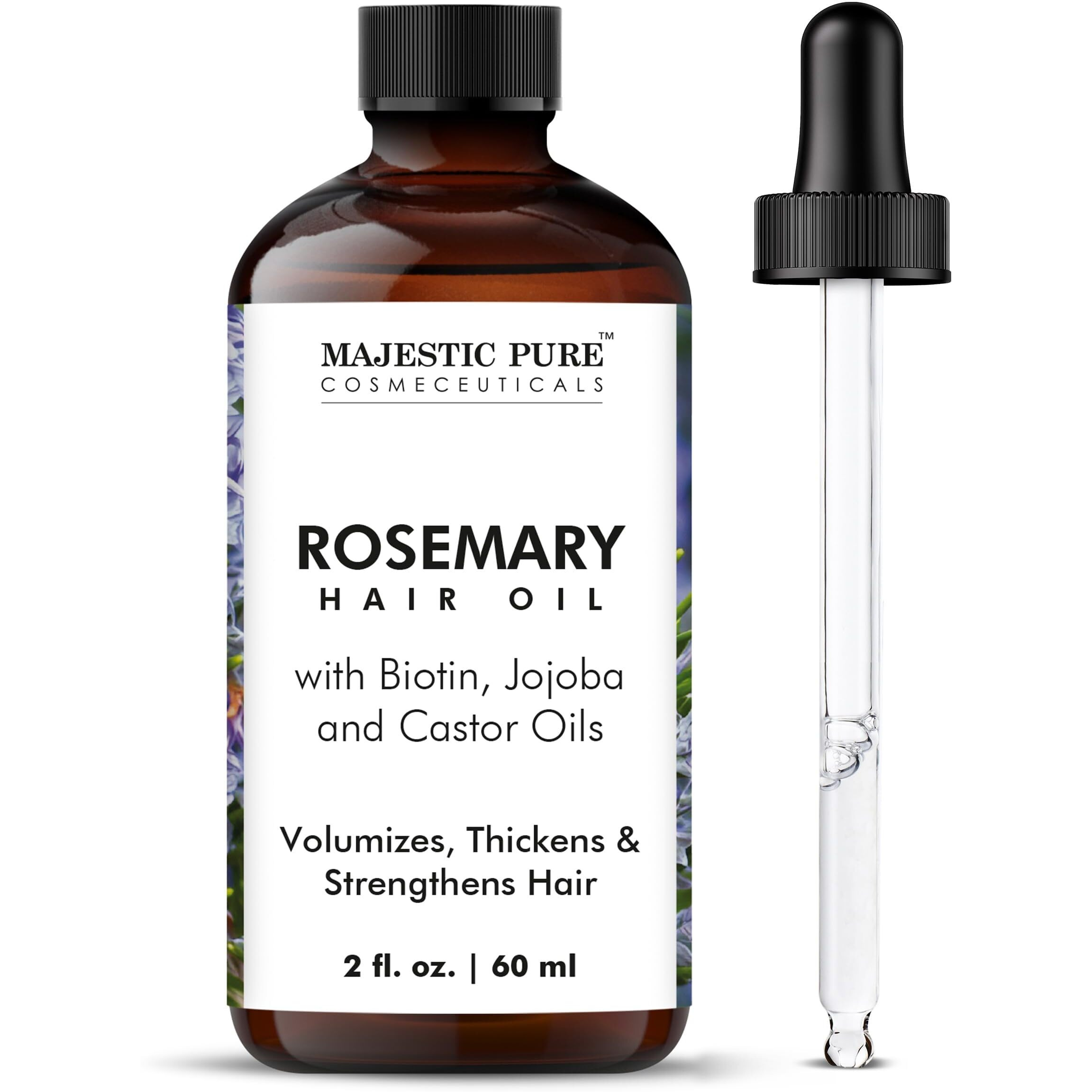 Majestic Pure 100% Pure Rosemary Oil With Biotin For Hair Care, Strengthening, Nourishing, And Volumizing Formula With Jojoba Oil And Castor Oil - Non Gmo Verified, 2 Fl Oz