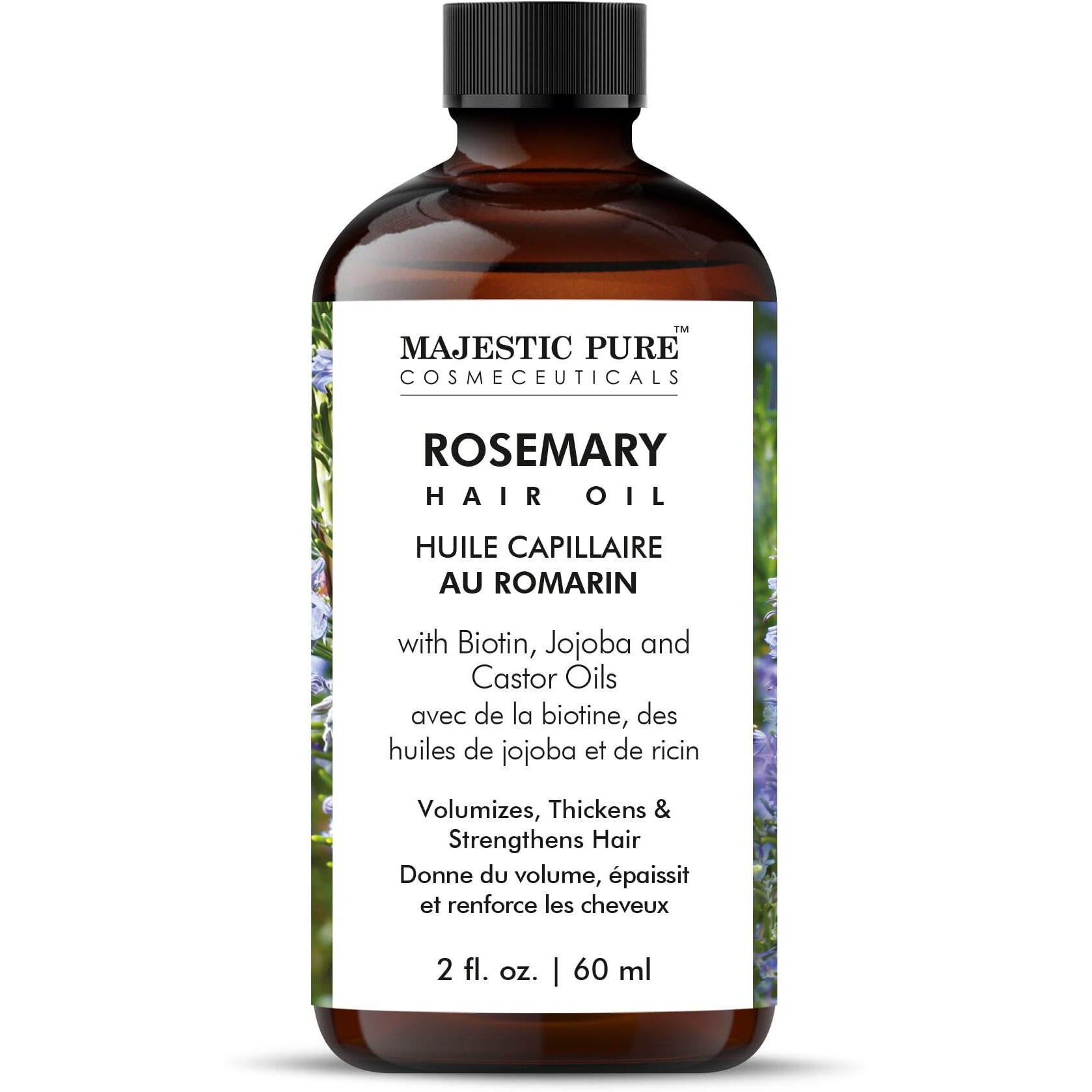 Majestic Pure 100% Pure Rosemary Oil With Biotin For Hair Care, Strengthening, Nourishing, And Volumizing Formula With Jojoba Oil And Castor Oil - Non Gmo Verified, 2 Fl Oz