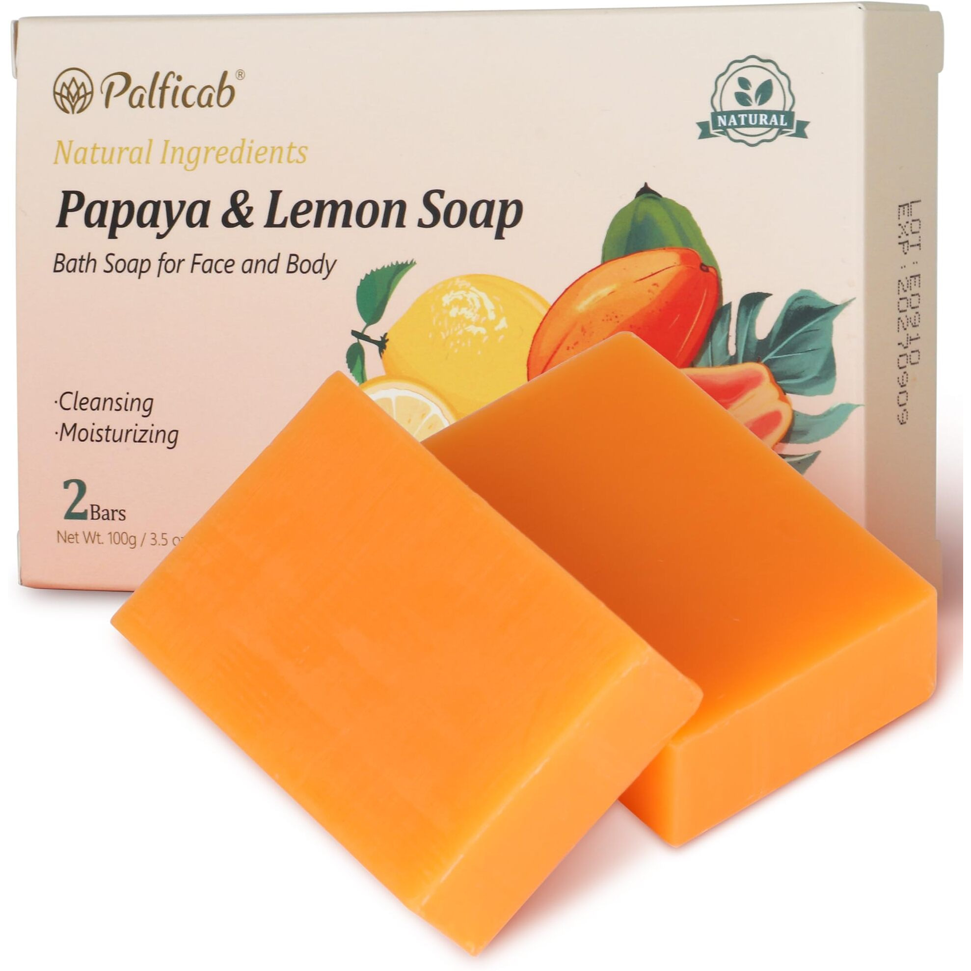Palficab Natural Soap With Papaya & Lemon, Exfoliating Bar Soap For Men & Women, Smooth & Moisturizing Lather With Coconut Oil & Shea Butter, Cruelty-Free, Cleanses & Smooths, Gifts For Women, 2 Bars