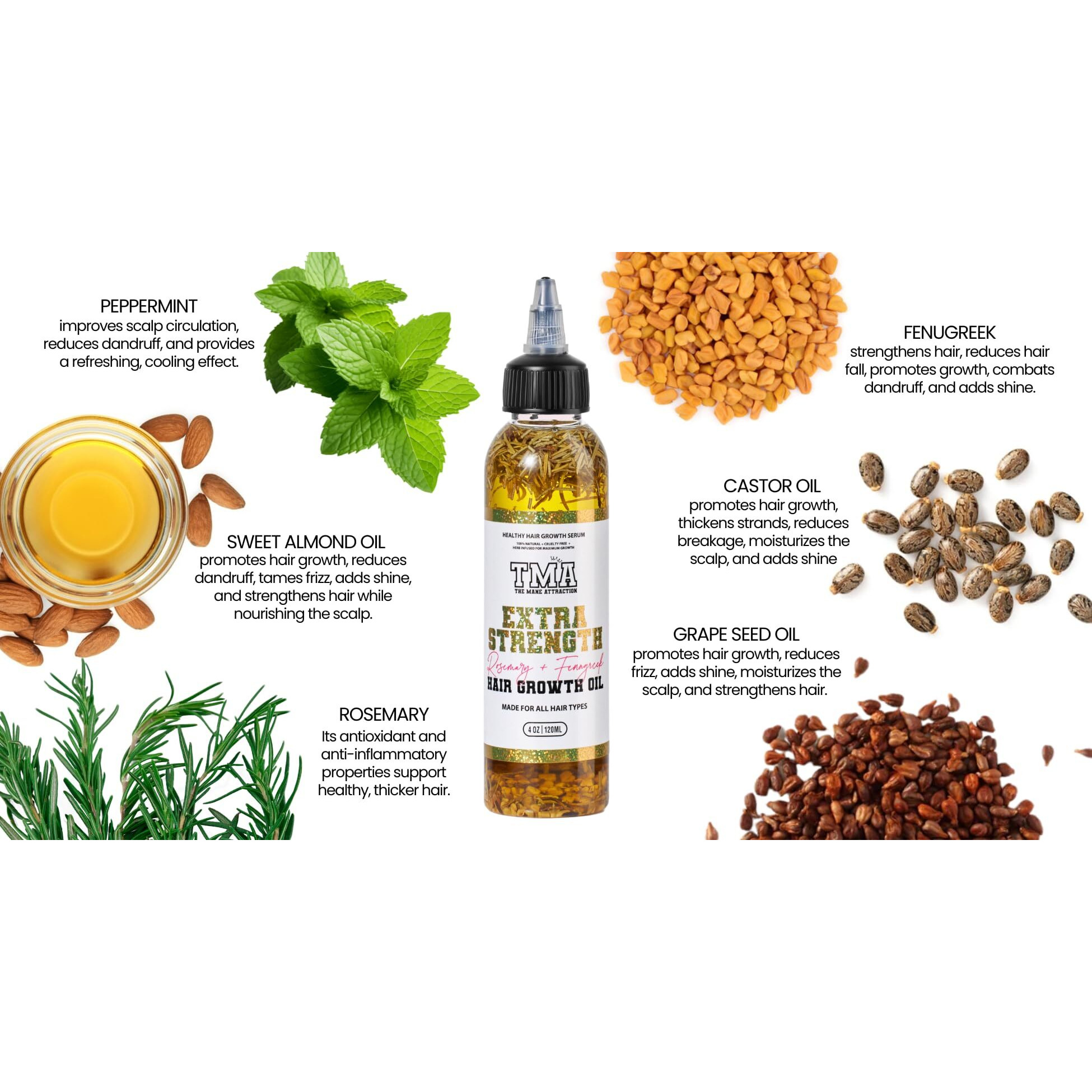 The Mane Attraction Extra Strength Rosemary + Fenugreek Herbal Hair Growth Oil | Infused With Castor Oil For All Hair Types