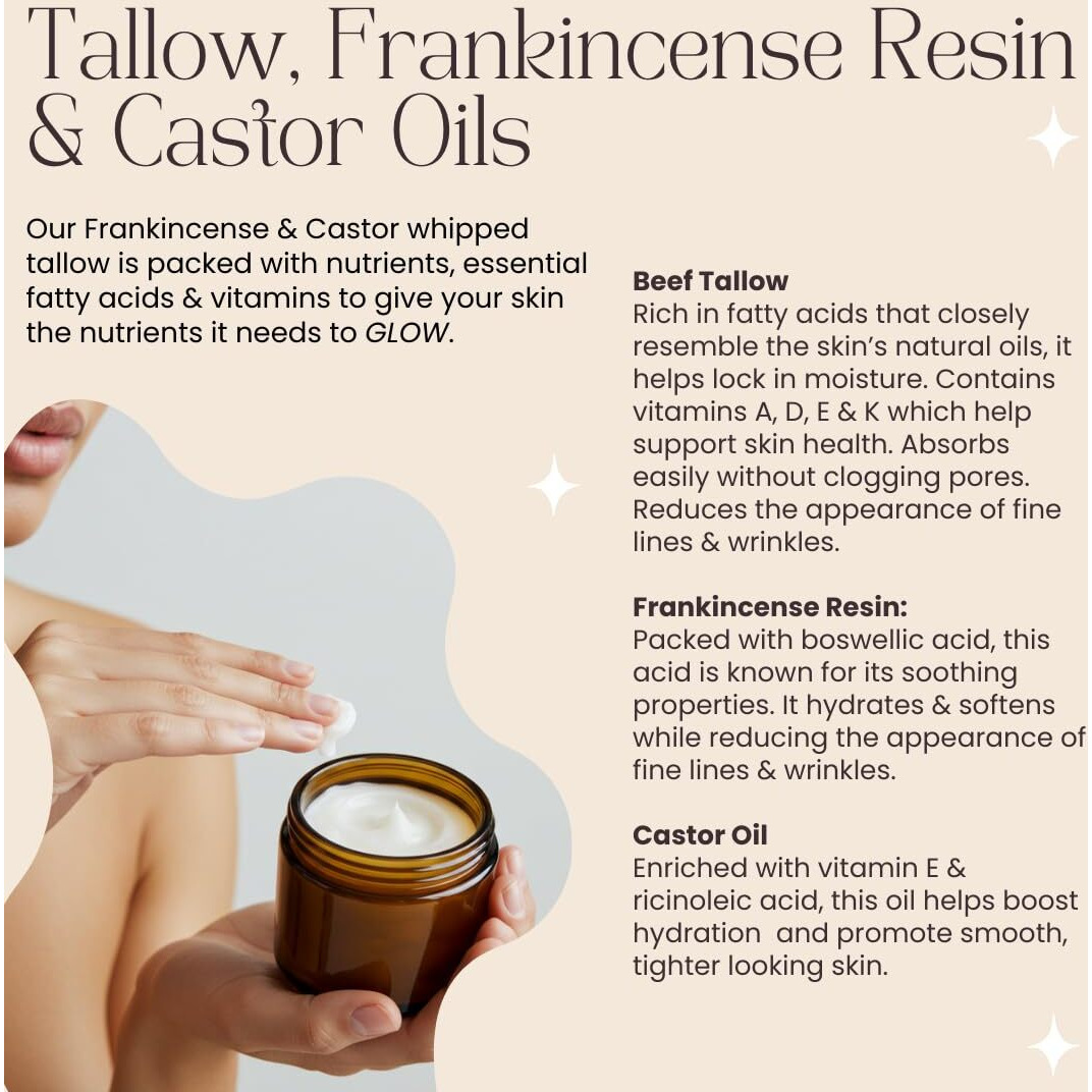 Frankincense & Castor Oil Beef Tallow Grass Fed & Finished Organic Moisturizer For Skin Hydrating & Nourishing For Cracked, Dry Skin Age Defying