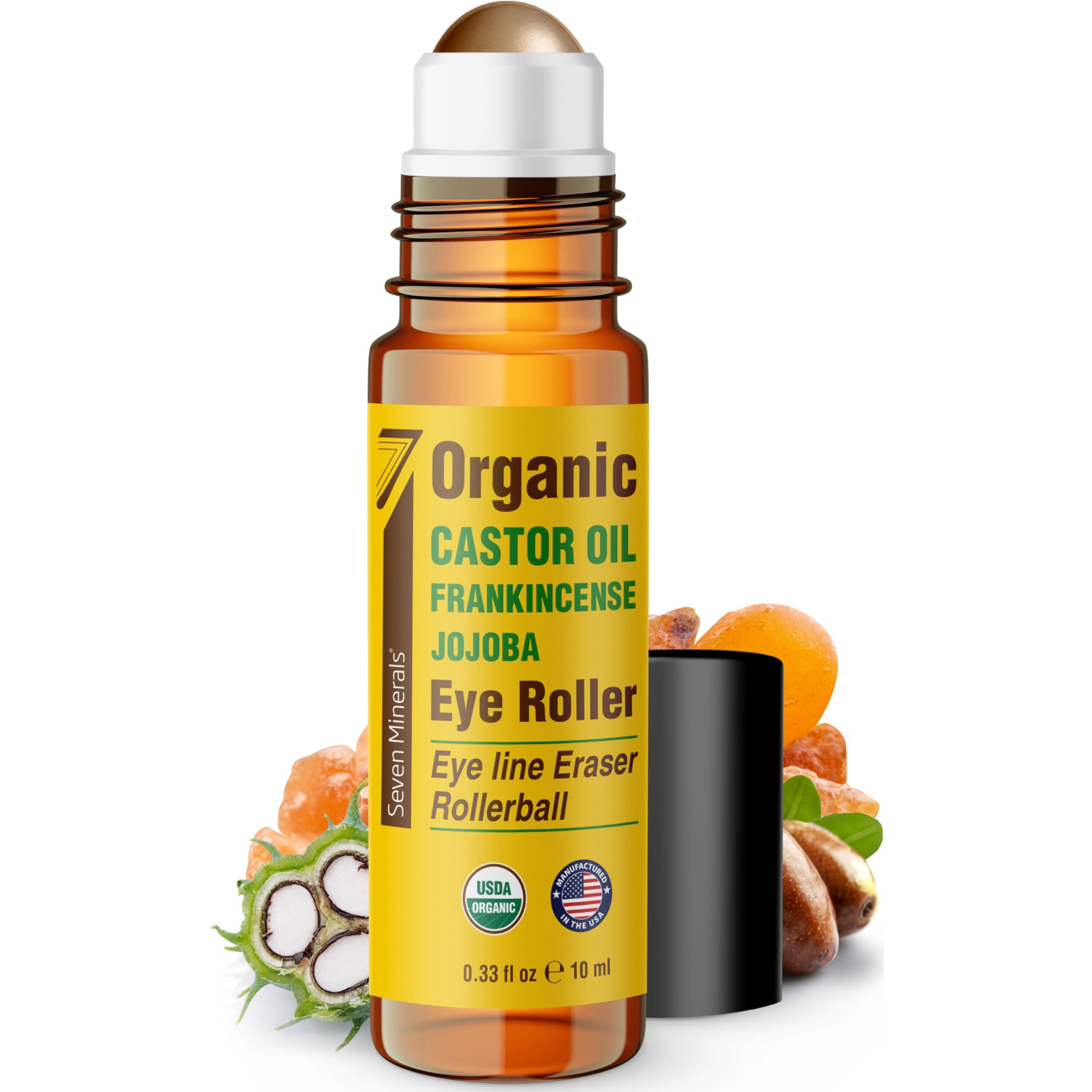 Seven Minerals Castor Oil Roll On Eye Roller For Under Eye Bags, Dark Circles & Wrinkles - Powerful Organic Blend Of Castor, Frankincense & Jojoba - Brighten, And Revitalize Skin & Face - 0.33 Fl Oz