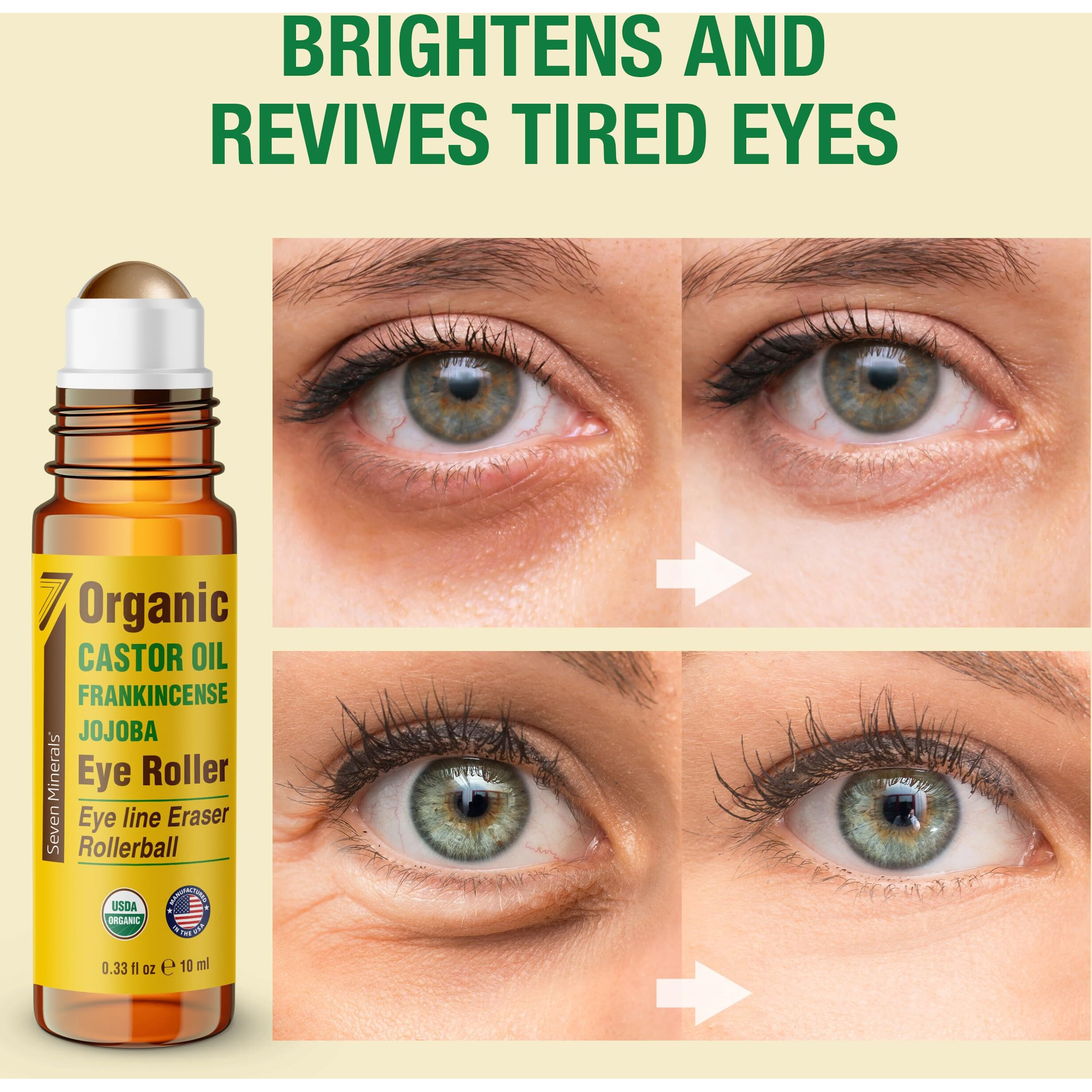 Seven Minerals Castor Oil Roll On Eye Roller For Under Eye Bags, Dark Circles & Wrinkles - Powerful Organic Blend Of Castor, Frankincense & Jojoba - Brighten, And Revitalize Skin & Face - 0.33 Fl Oz