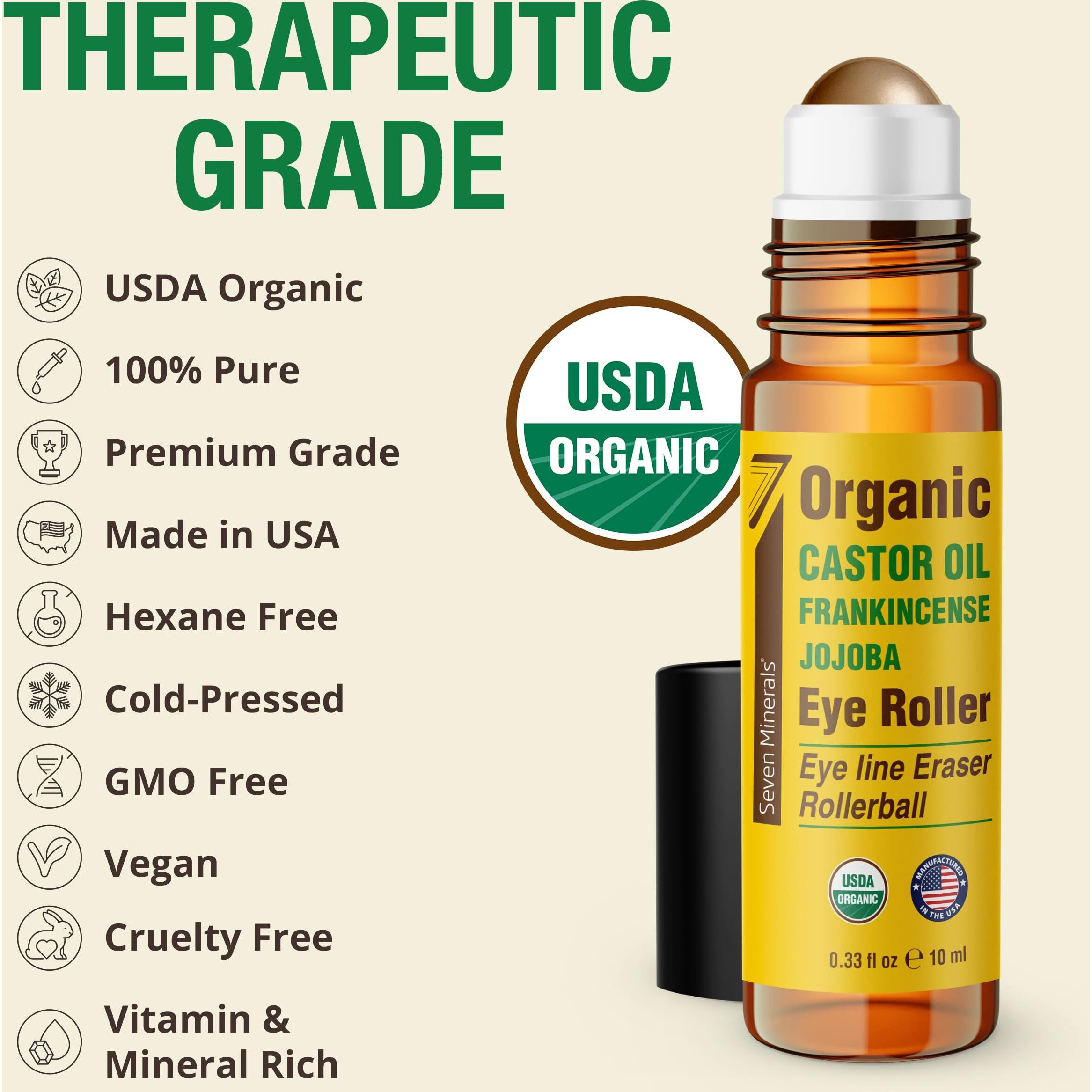 Seven Minerals Castor Oil Roll On Eye Roller For Under Eye Bags, Dark Circles & Wrinkles - Powerful Organic Blend Of Castor, Frankincense & Jojoba - Brighten, And Revitalize Skin & Face - 0.33 Fl Oz