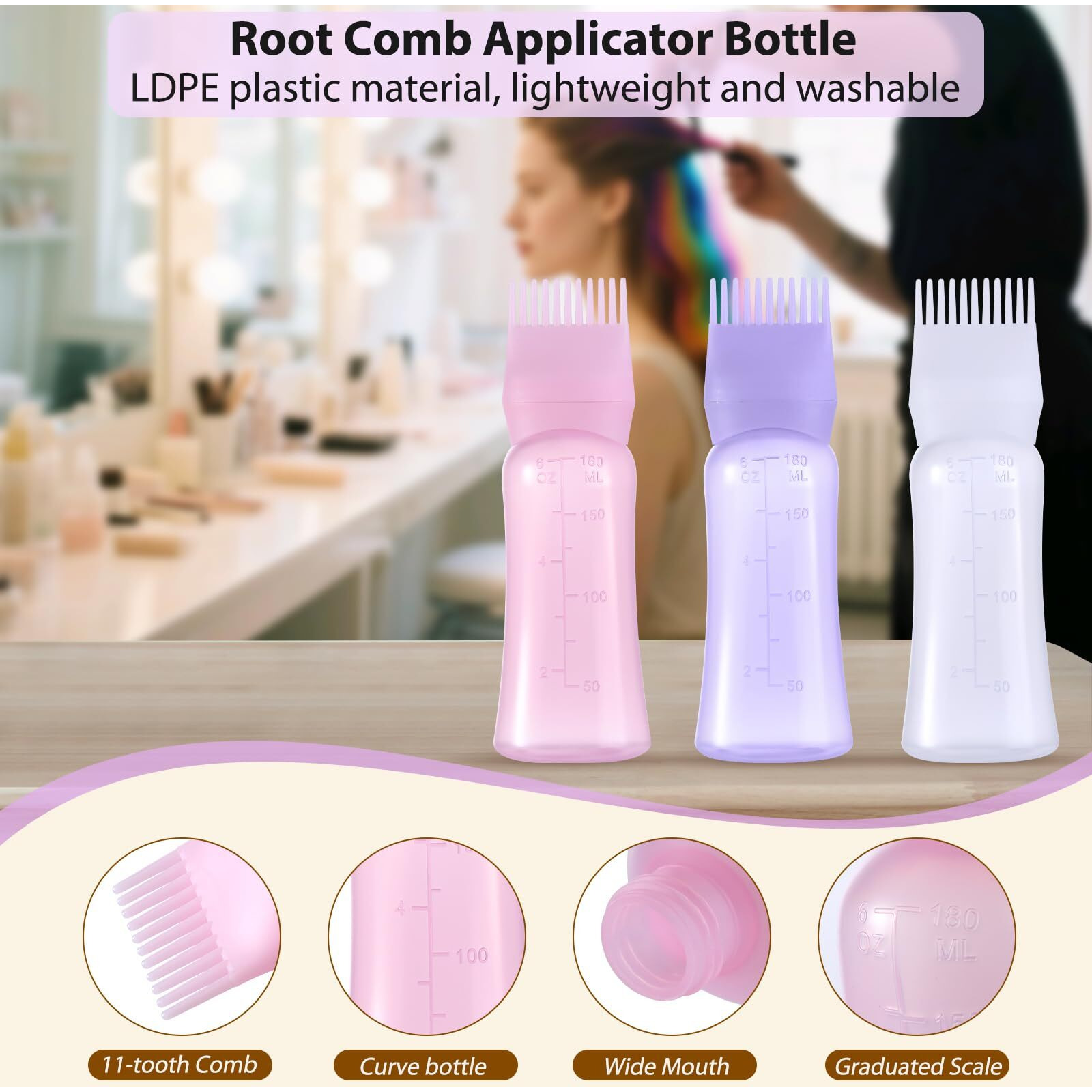 Root Comb Applicator Bottle 6 Ounce Hair Oil Applicator For Hair Dye, Hair Oiler Comb Bottle With Graduated Scale
