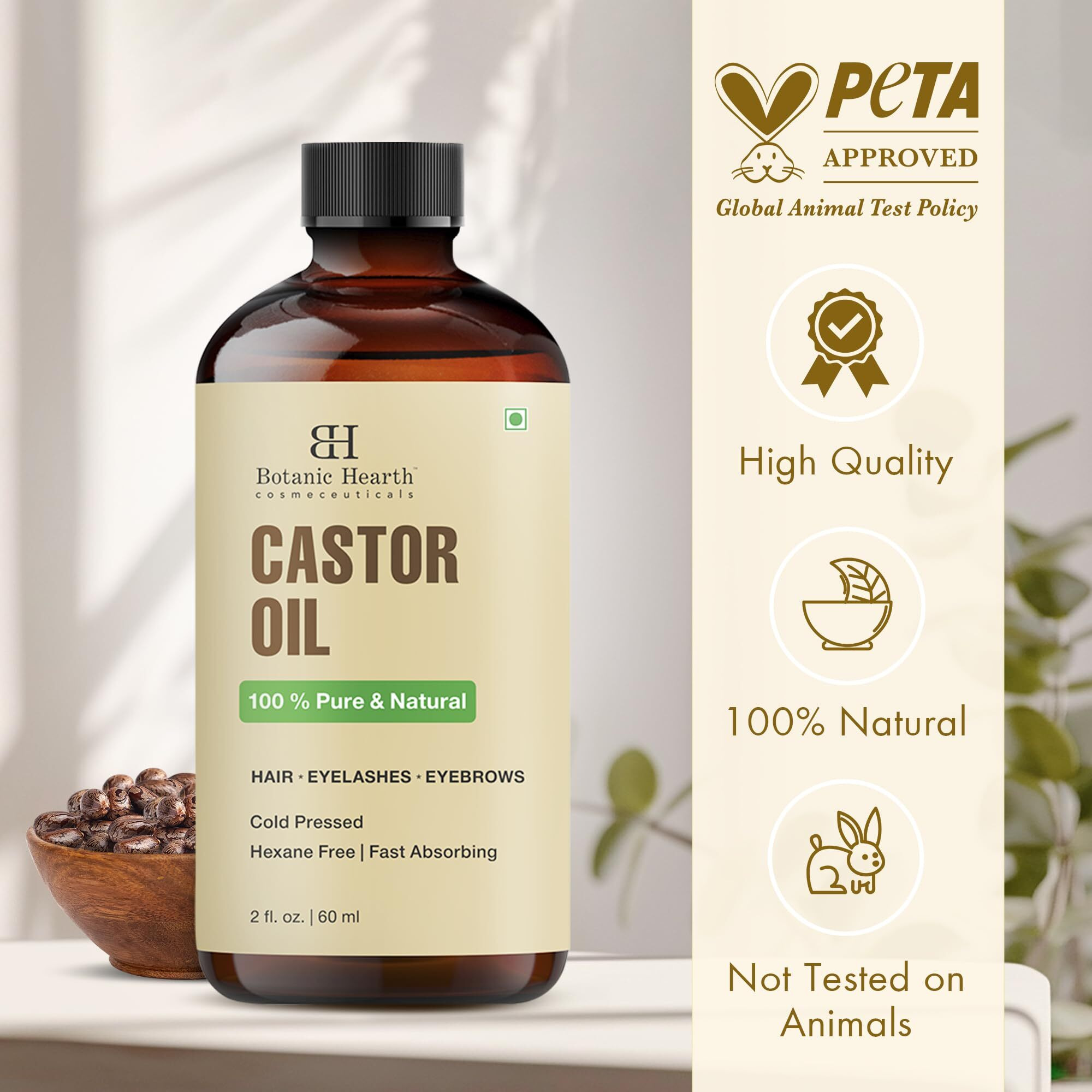 Botanic Hearth Castor Oil | 100% Pure & Natural, Cold Pressed | 2 Fl Oz (60 Ml) | For Hair, Eyelashes & Eyebrows | Hexane Free, Fast Absorbing | With Applicators & Dropper