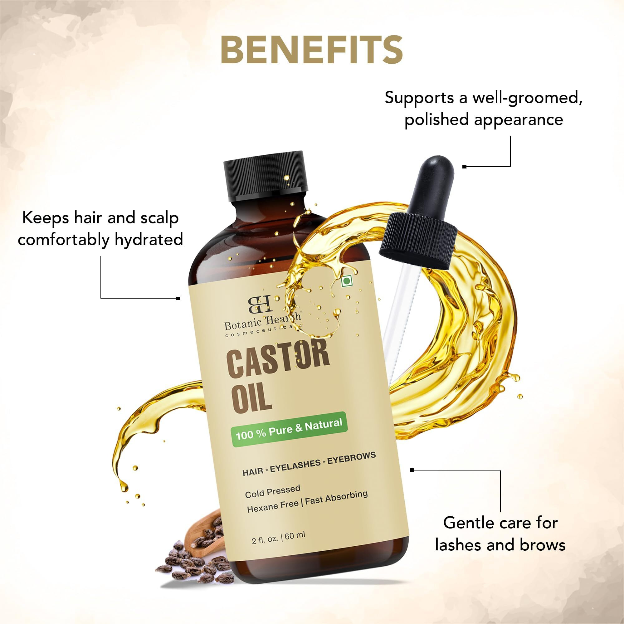 Botanic Hearth Castor Oil | 100% Pure & Natural, Cold Pressed | 2 Fl Oz (60 Ml) | For Hair, Eyelashes & Eyebrows | Hexane Free, Fast Absorbing | With Applicators & Dropper