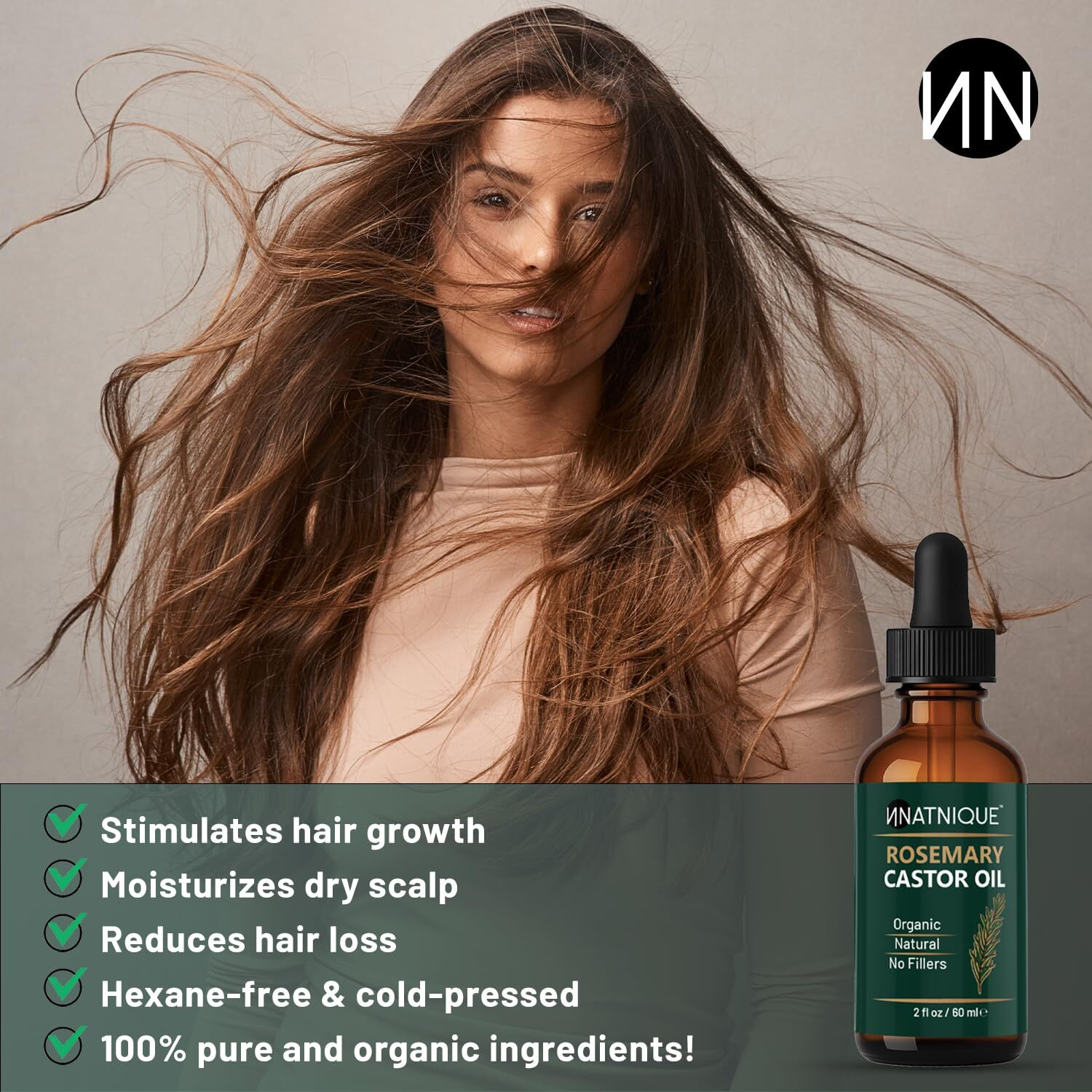 Natnique Organic Castor & Rosemary Oil - 100% Pure Cold-Pressed Hair Growth Oil, Hexane-Free Scalp Serum For Hair Loss, Moisturizing Treatment For Dry Scalp & Hair Lengthening - 2Oz