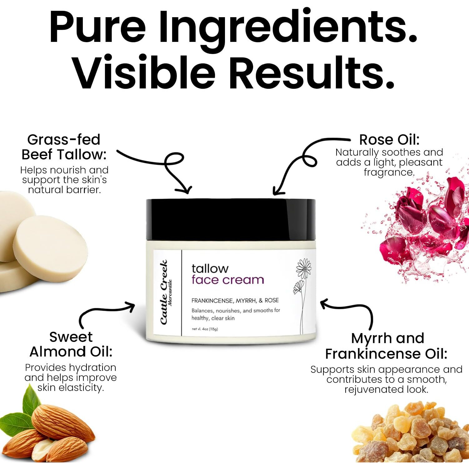 Cattle Creek Tallow Face Moisturizer - Whipped Beef Tallow For Face With Sweet Almond, Myrrh, Frankincense & Rose Oils - Grass-Fed Beef Tallow For Face Care, Hydration, Anti-Aging & Sensitive Skin
