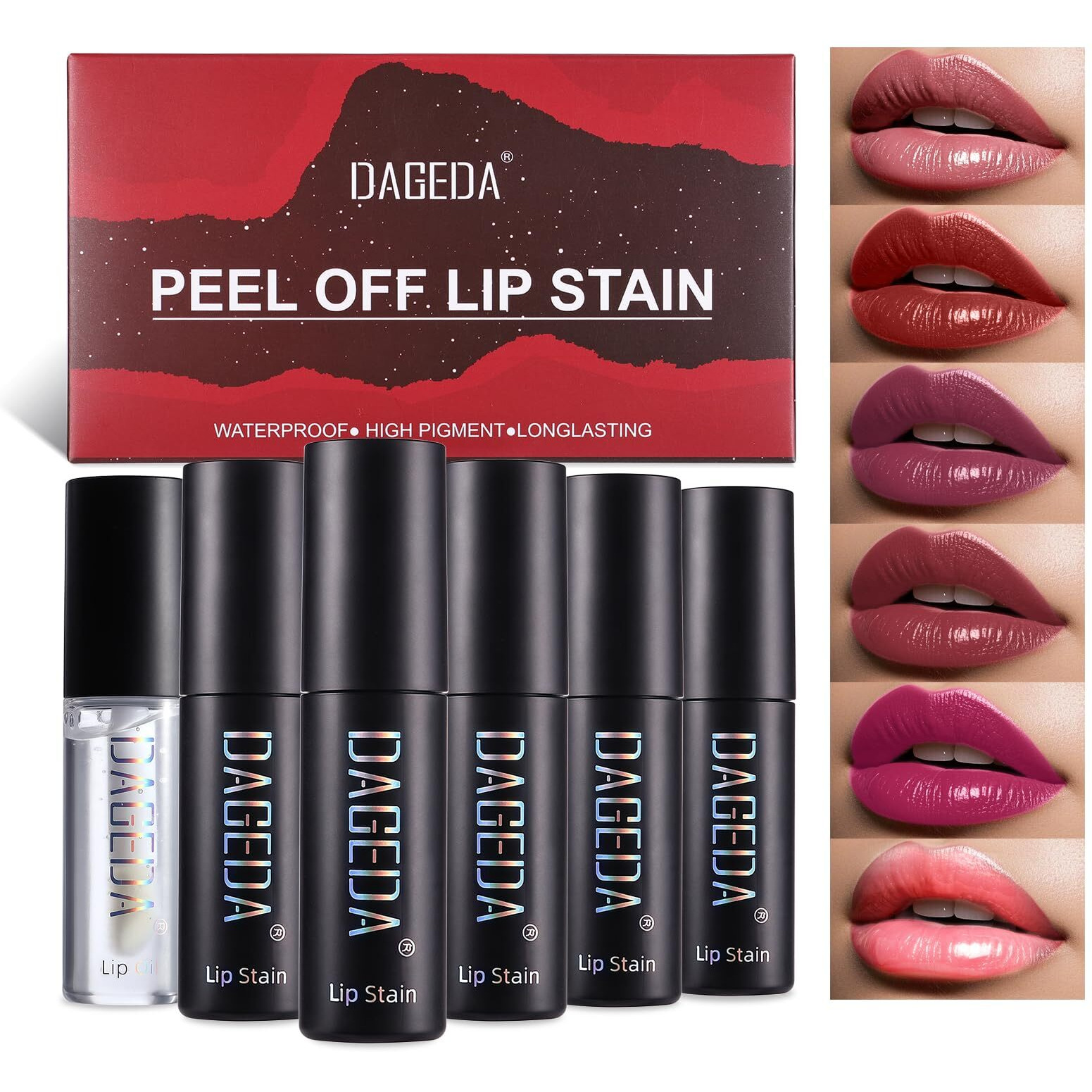 Dageda 5 Colors Peel Off Lip Stain Set,Tattoo Lip Stain Tint With Moisturizing Lip Oil, Highly Pigmented,Waterproof Long-Lasting Peel Off Lip Liner Stain,Matte Finish Lip Makeup