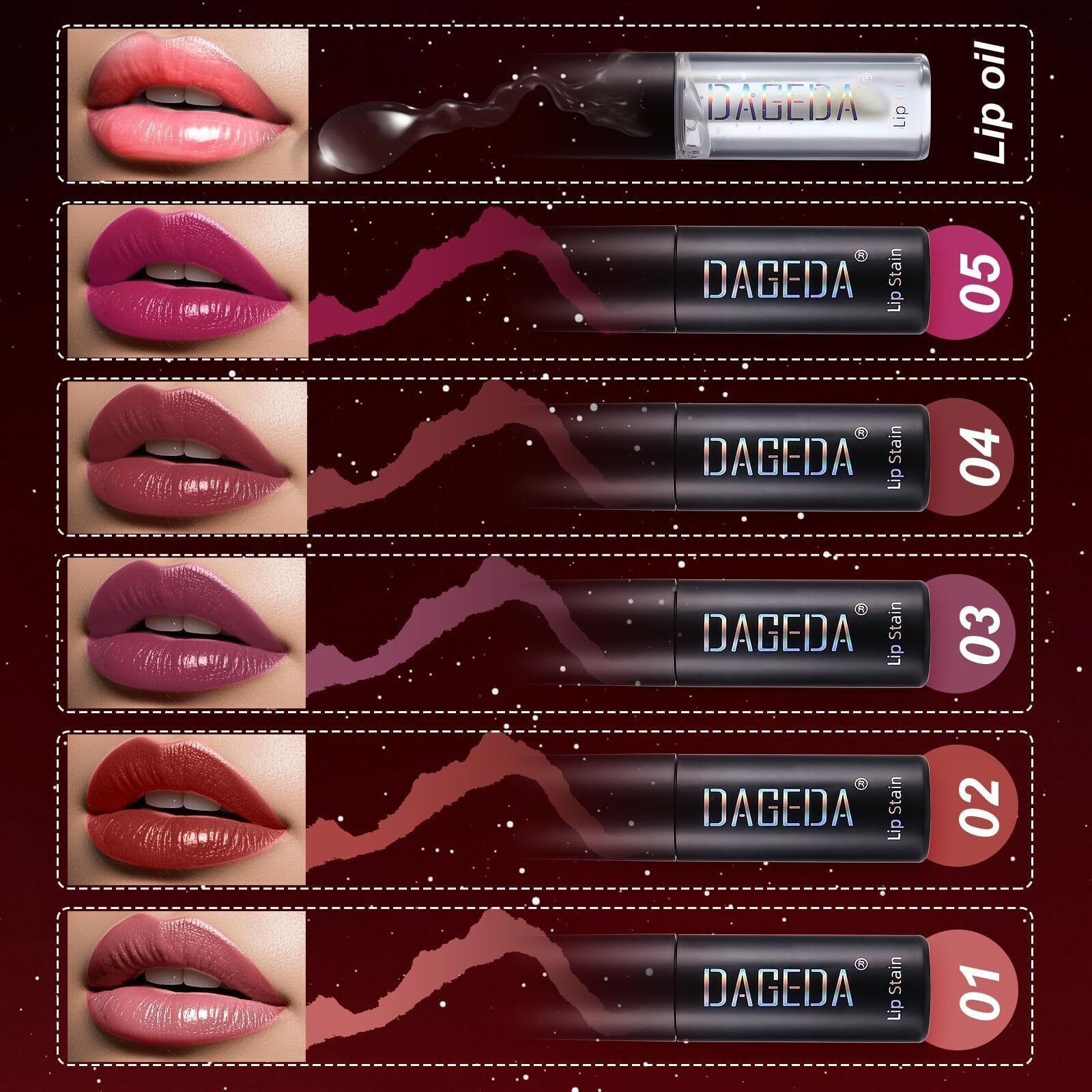 Dageda 5 Colors Peel Off Lip Stain Set,Tattoo Lip Stain Tint With Moisturizing Lip Oil, Highly Pigmented,Waterproof Long-Lasting Peel Off Lip Liner Stain,Matte Finish Lip Makeup