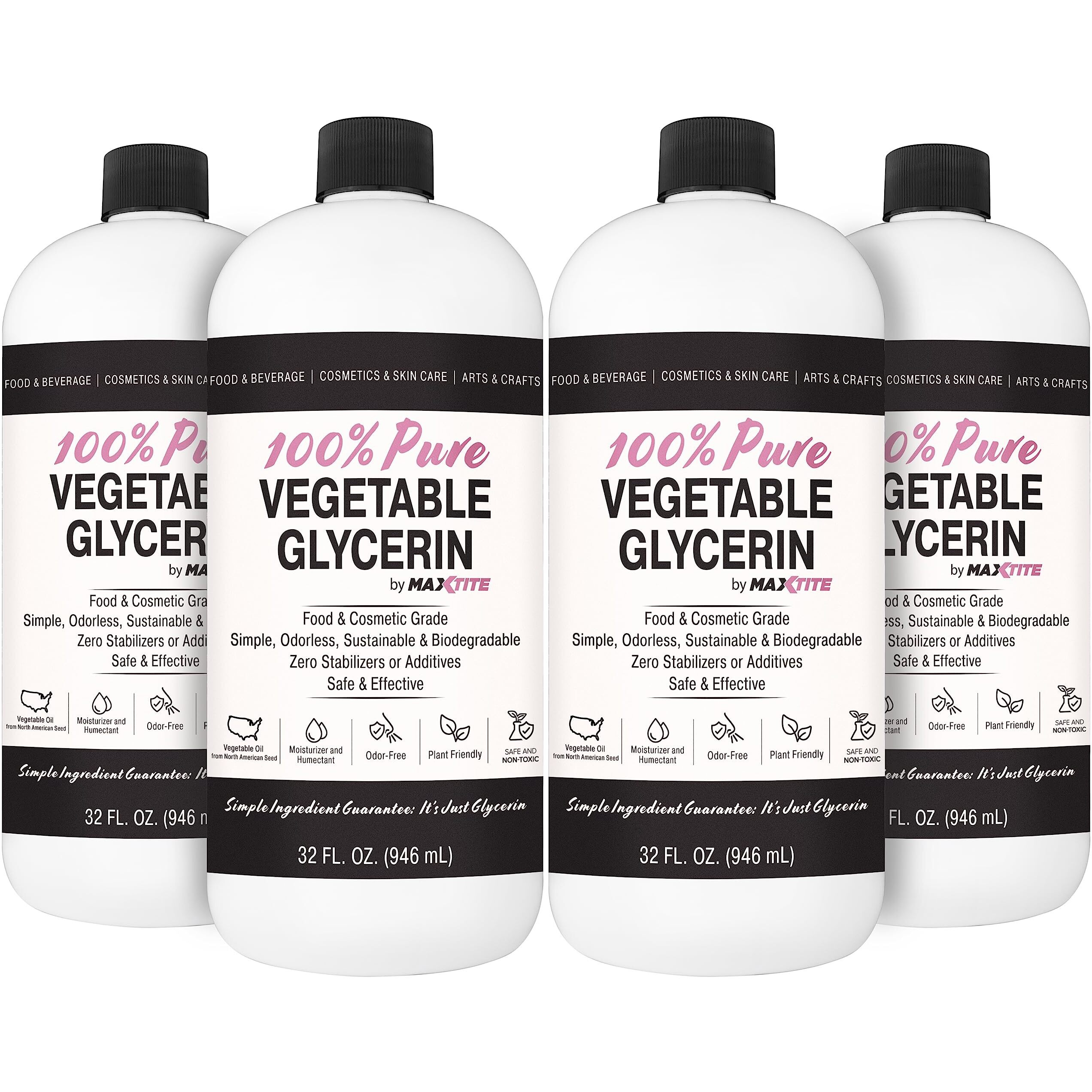 Maxtite Pure Vegetable Glycerin - 1 Gallon (4 Pack, 32 Fl Oz) - Natural Food Grade For Cosmetics, Skin, Hair, Crafts, Cooking And More - From Usa Seed Oils