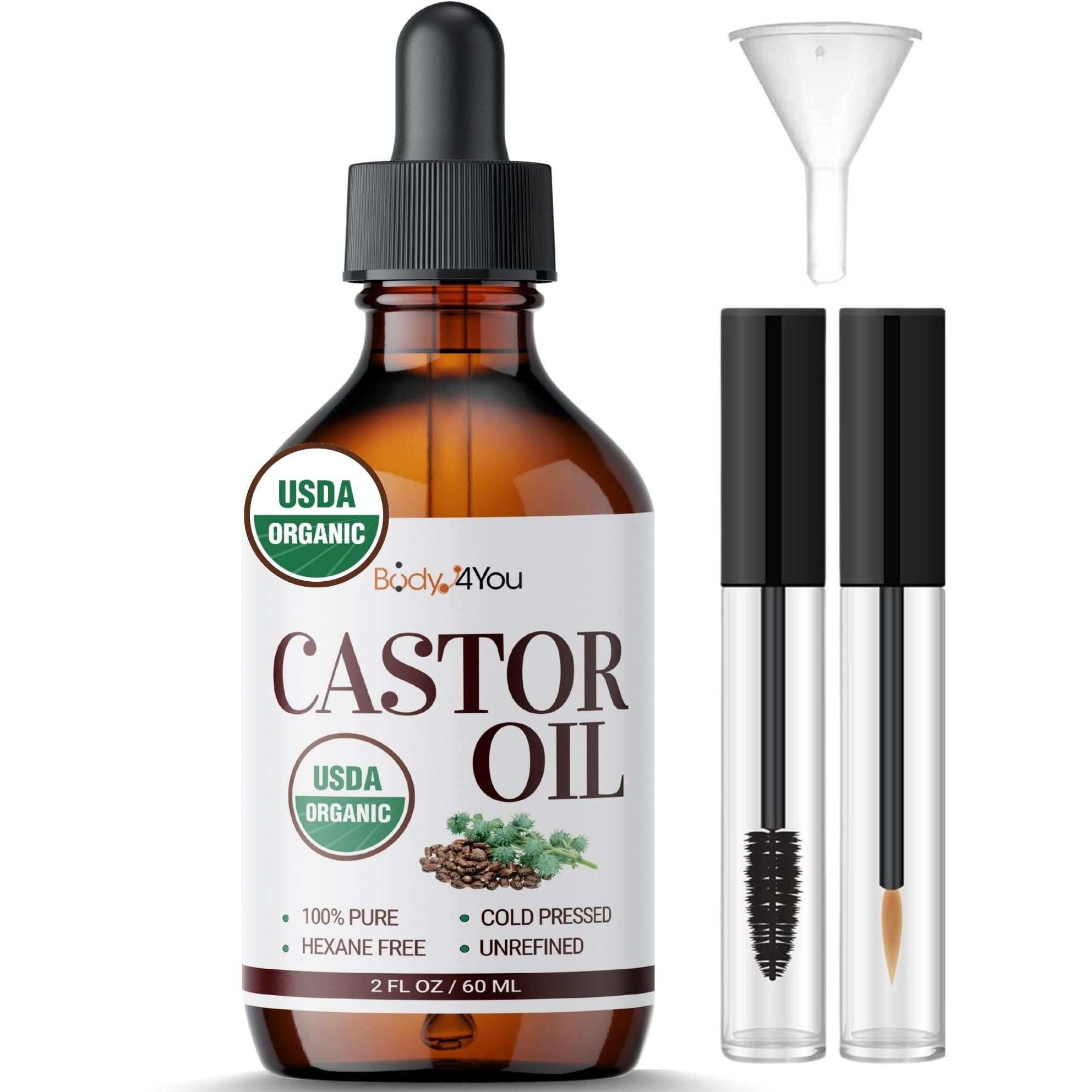 Bodyj4You Castor Oil Eyelashes Eyebrows - 100% Pure Natural Usda Organic Cold Pressed - Hydrating Skin Hair Growth Oil Lashes Scalp - Non-Gmo Hexane Free Carrier Unrefined (2 Fl Oz (60 Ml) - Kit)