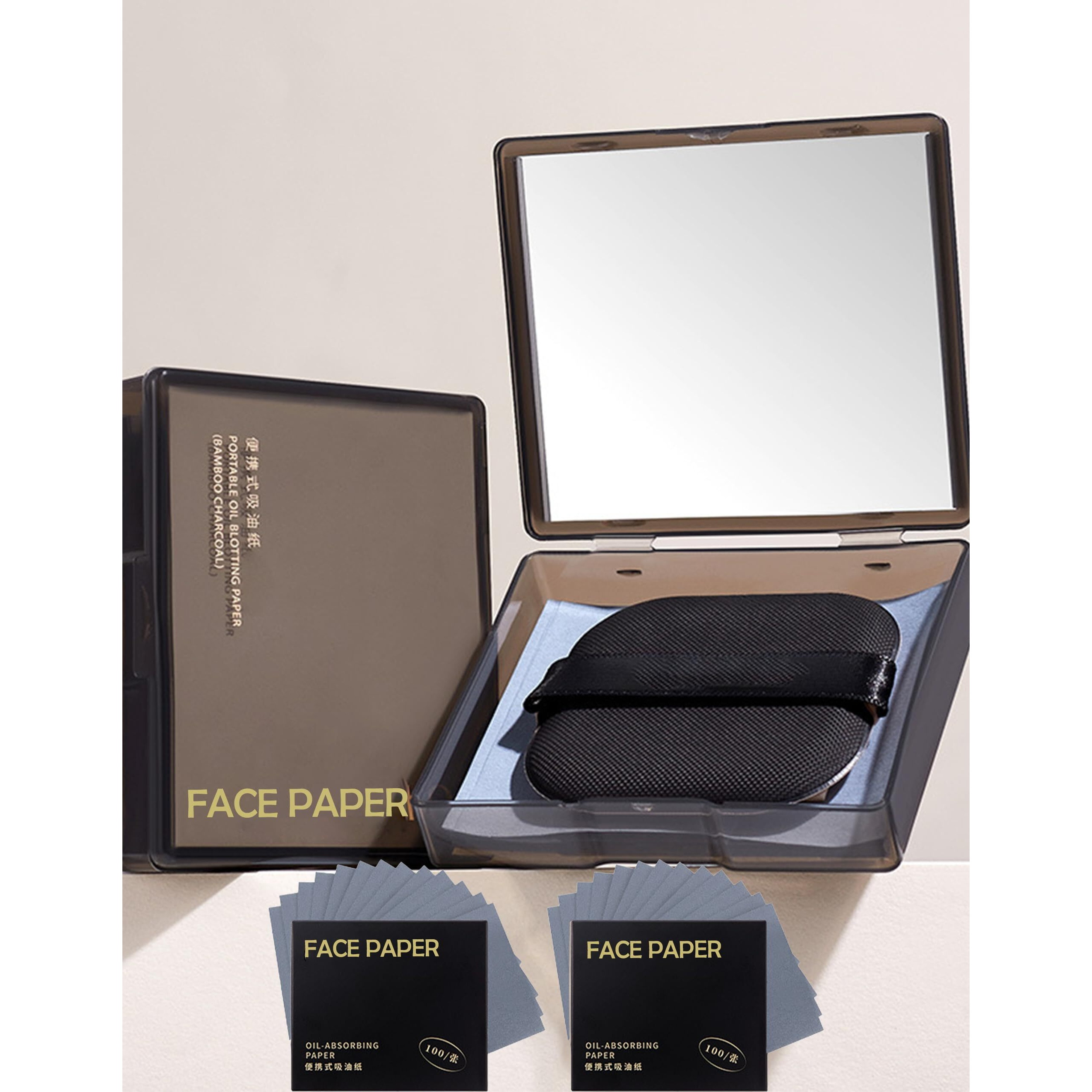 Bamboo Charcoal Oil Blotting Paper - 300 Sheets W/Mirror, Puff & Refills, Absorbs Excess Face Oil, Controls Shine, Gentle For Makeup Use