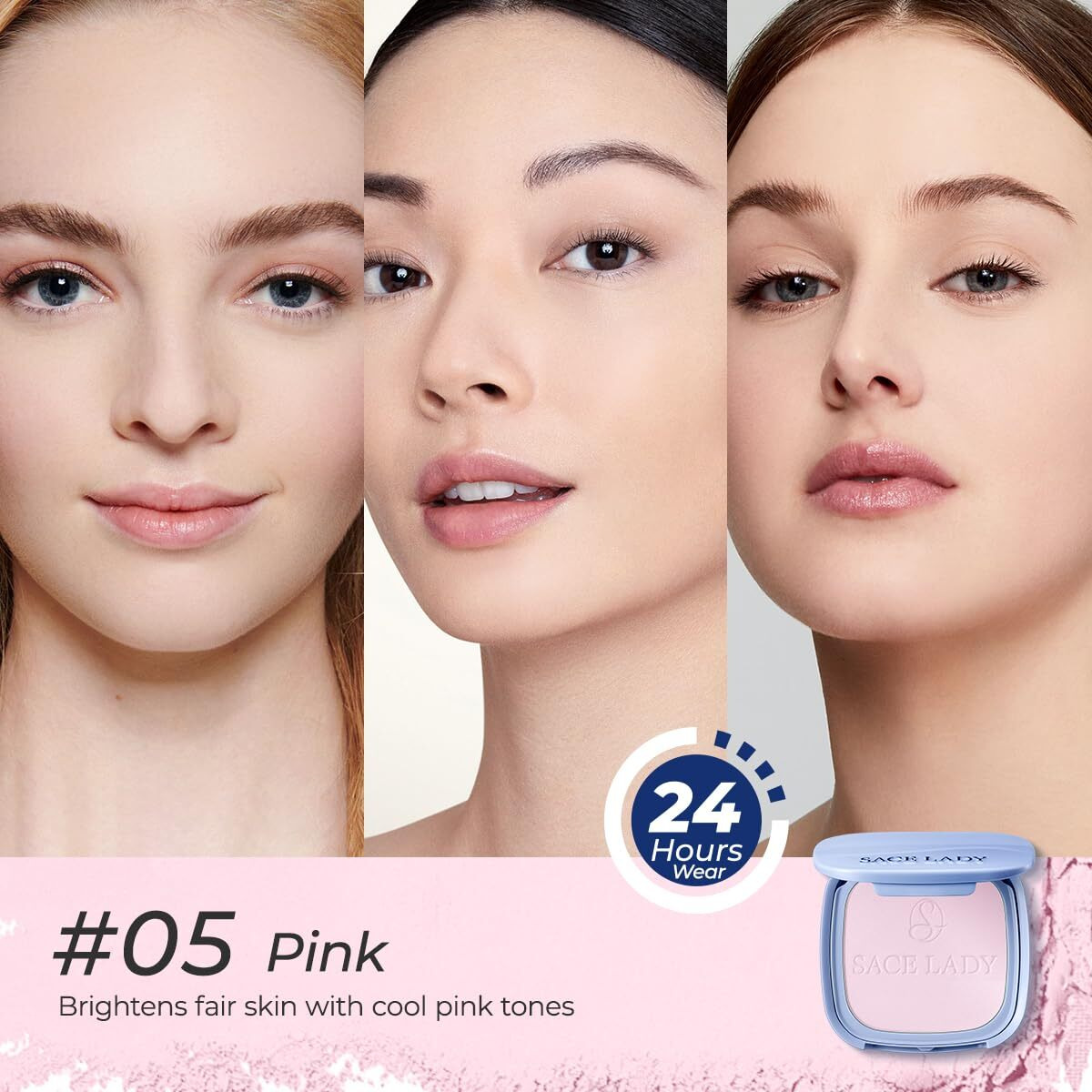Sace Lady Face Powder Waterproof Setting Makeup, Talc-Free Oil Control Pressed Powder Compact For Women, Blurring Pores Matte Long Lasting Up To 24 Hours, Cruelty-Free (05 Pink, 0.35Oz)