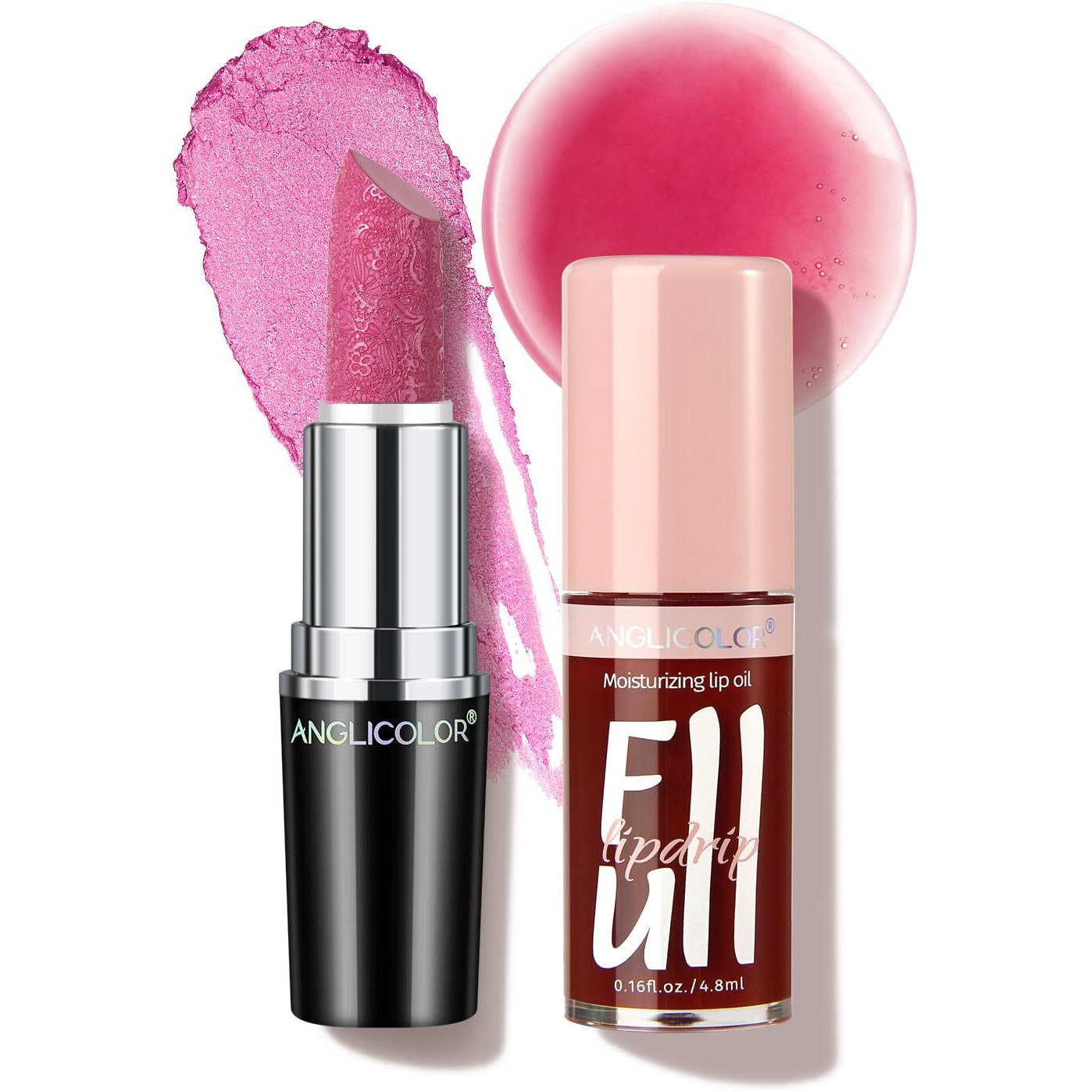 Anglicolor 2Pc Lip Oil And Metallic Glitter Pink Lipstick,Natural Lip Plumper,Fruit Flavoured Lip Oil,For Dry Lip's Moisturizing Hydrating,Vegan & Cruelty-Free (02 Pandora+15)
