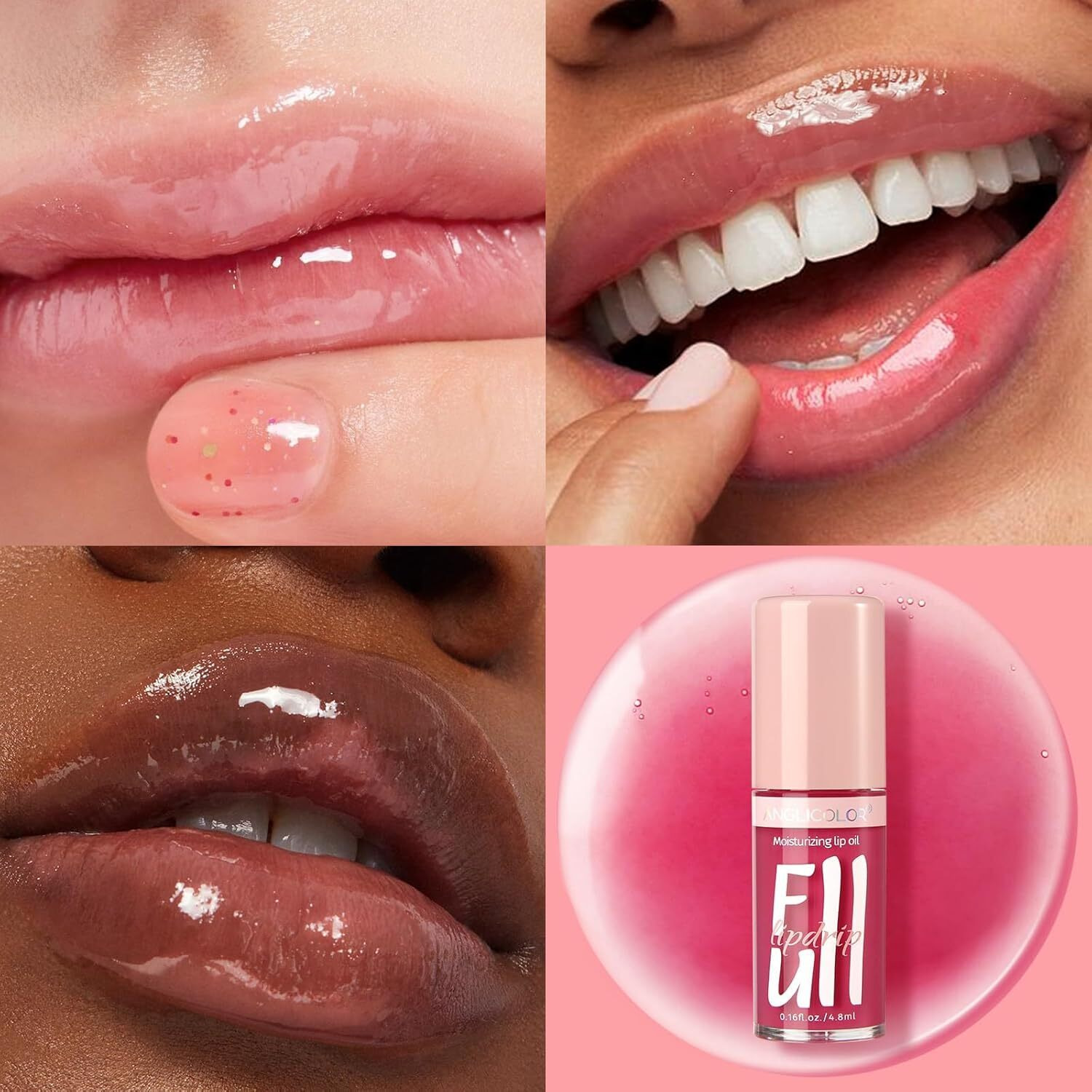 Anglicolor 2Pc Lip Oil And Metallic Glitter Pink Lipstick,Natural Lip Plumper,Fruit Flavoured Lip Oil,For Dry Lip's Moisturizing Hydrating,Vegan & Cruelty-Free (02 Pandora+15)