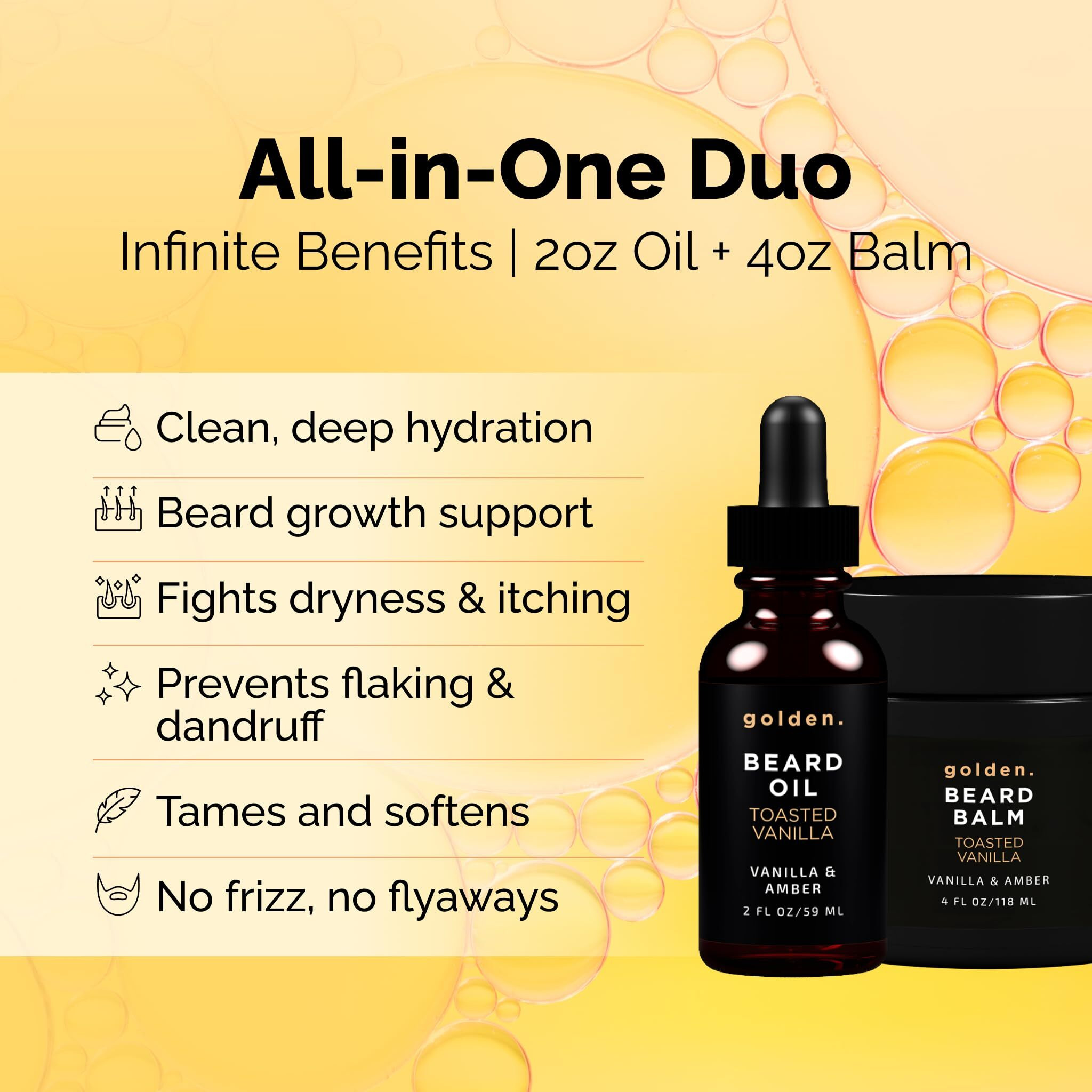 Golden Grooming Beard Oil & Balm Bundle For Men | Natural Growth Kit With Shea Butter | 4Oz Balm & 2Oz Oil | Toasted Vanilla