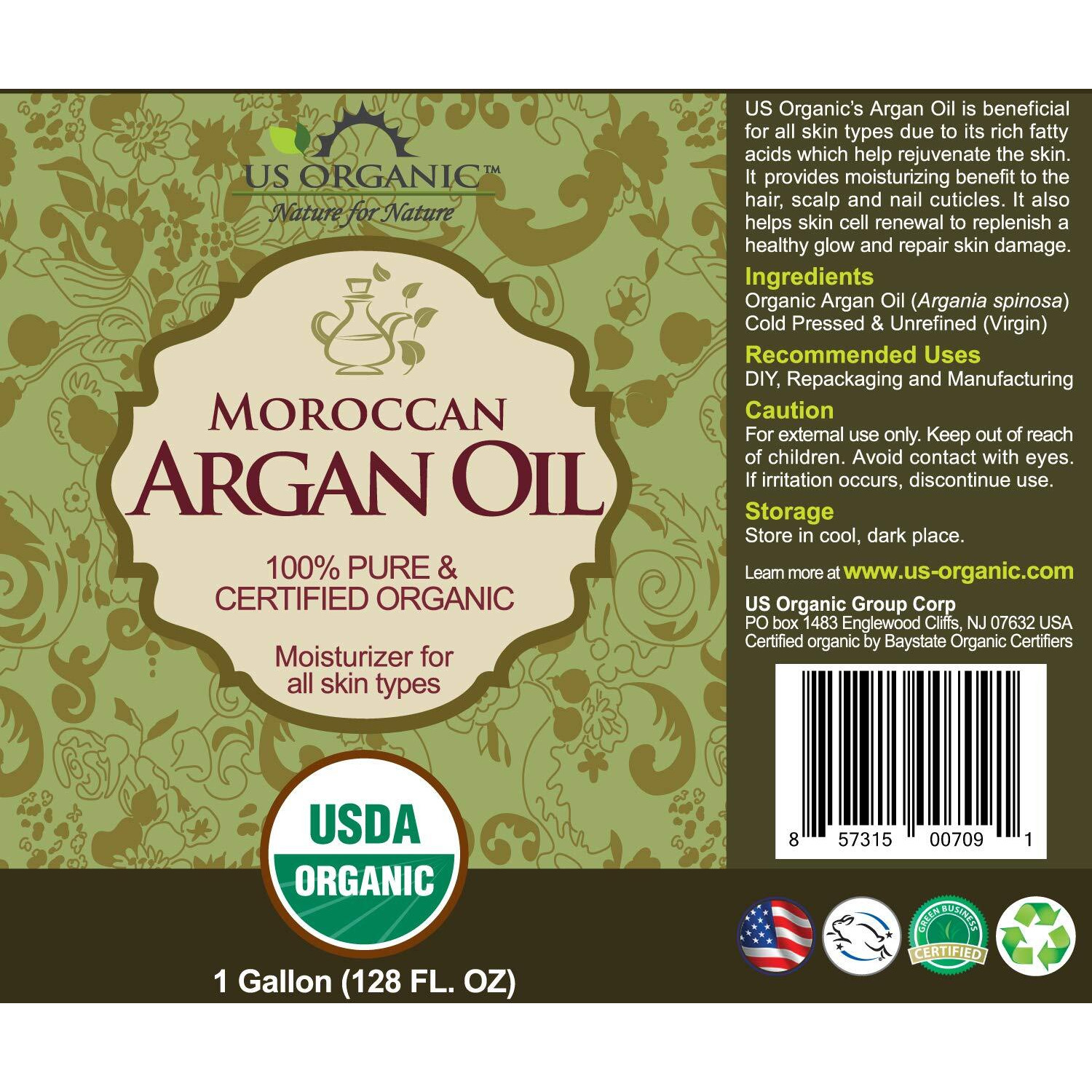 Us Organic Moroccan Argan Oil, Usda Certified Organic,100% Pure & Natural, Cold Pressed Virgin, Unrefined, Origin_Morocco, Size For Diy And Small Manufacturers (128 Oz (1 Gallon))