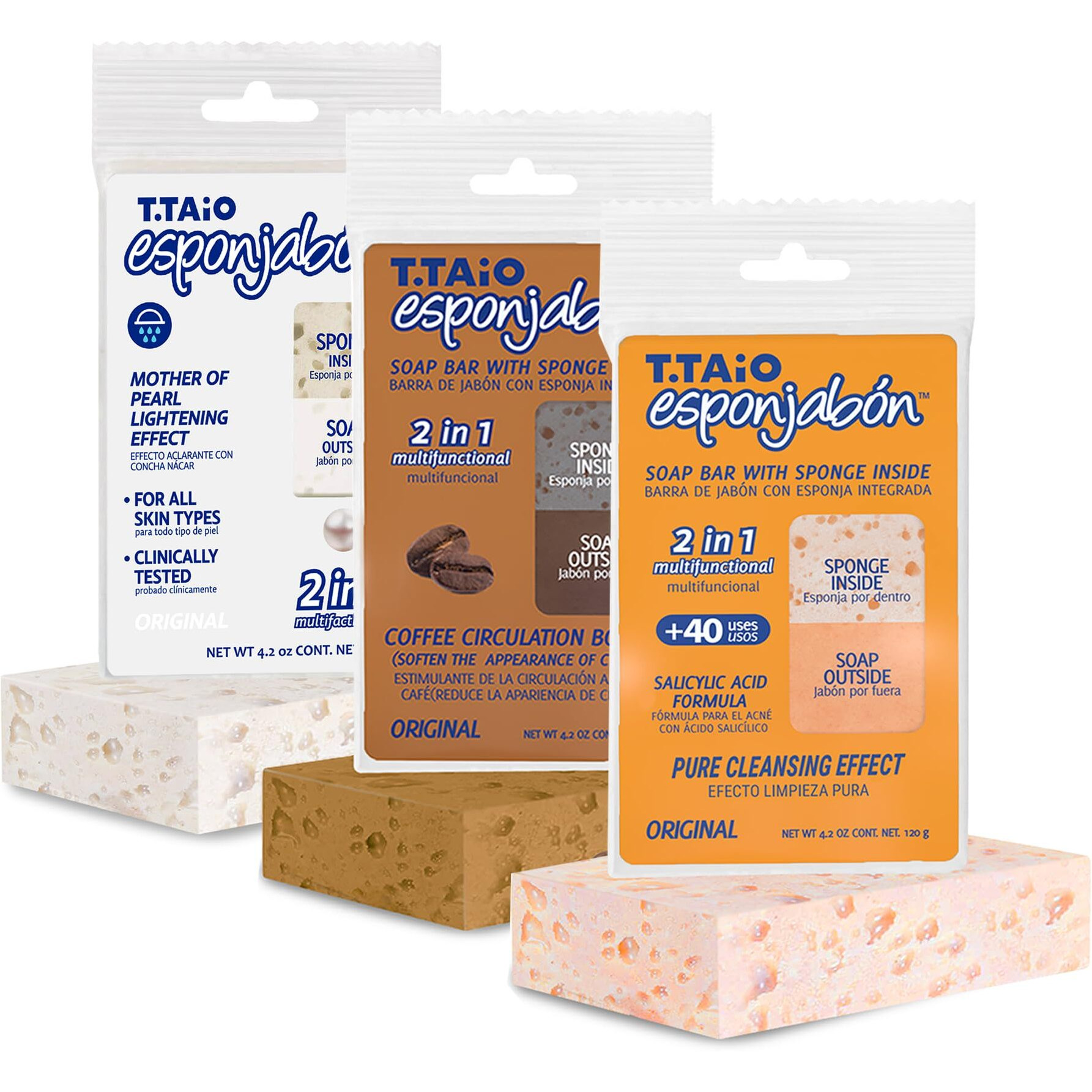T.Taio Esponjabon Mother Of Pearl, Coffee And Pore-Cleansing Soap Sponges Shower Scrubbers That Remove Oil And Dirt - Sponges To Scrub Foot, Elbow, And Face Bathroom Accessories Fresh Scent (3-Pack)