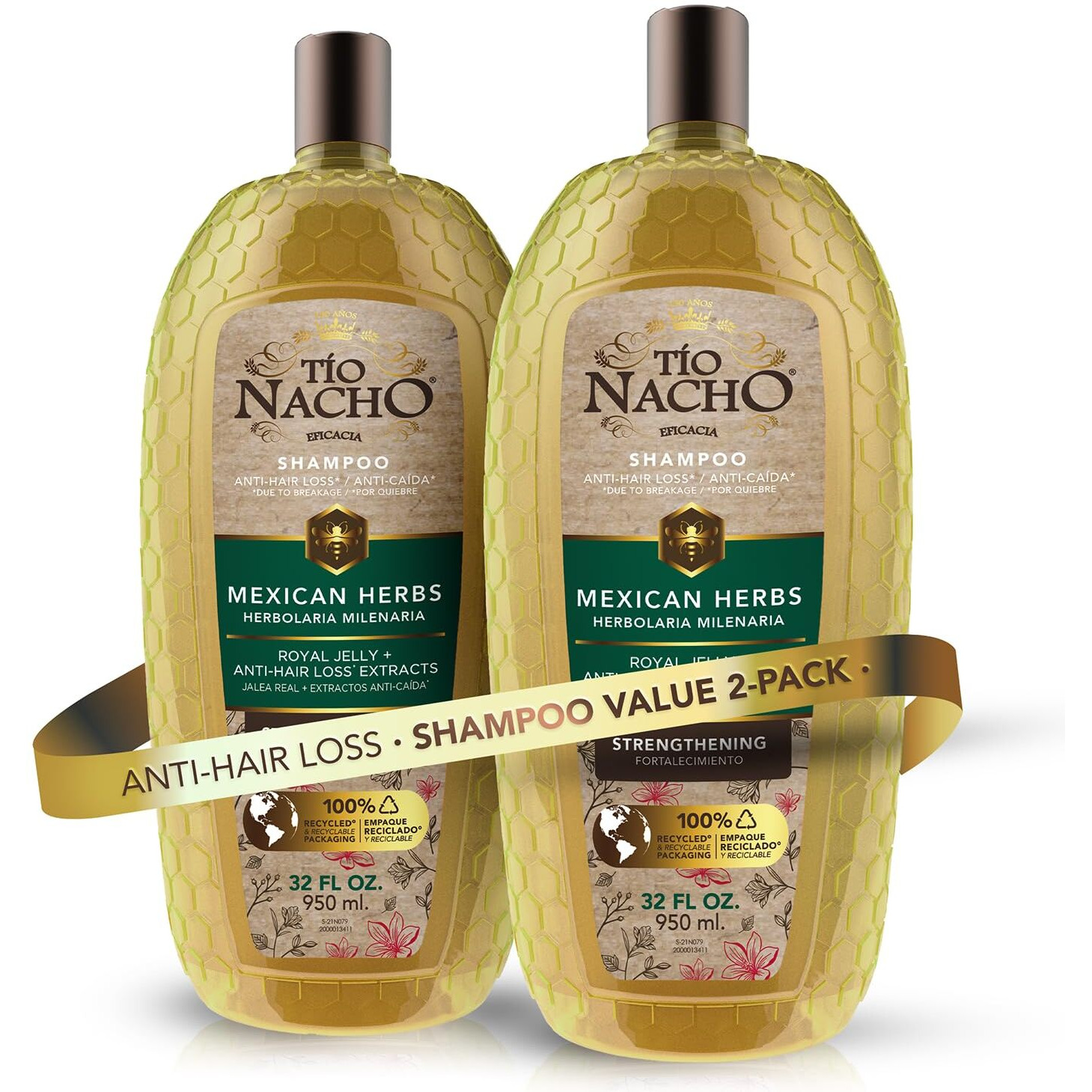 Tio Nacho Mexican Herbs Shampoo, Strengthening Hair Care With Royal Jelly, Ginseng, Wheat, And Jojoba Oil, Honey Scented, 32 Fl Oz (Pack Of 2),