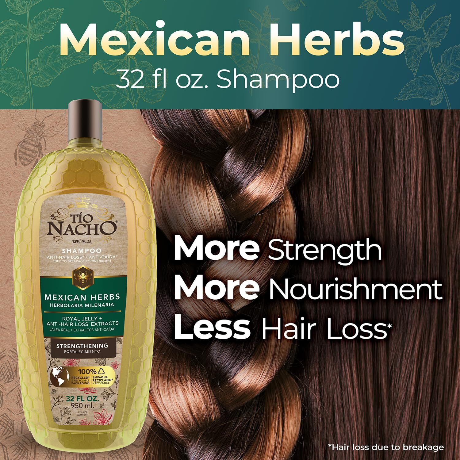 Tio Nacho Mexican Herbs Shampoo, Strengthening Hair Care With Royal Jelly, Ginseng, Wheat, And Jojoba Oil, Honey Scented, 32 Fl Oz (Pack Of 2),