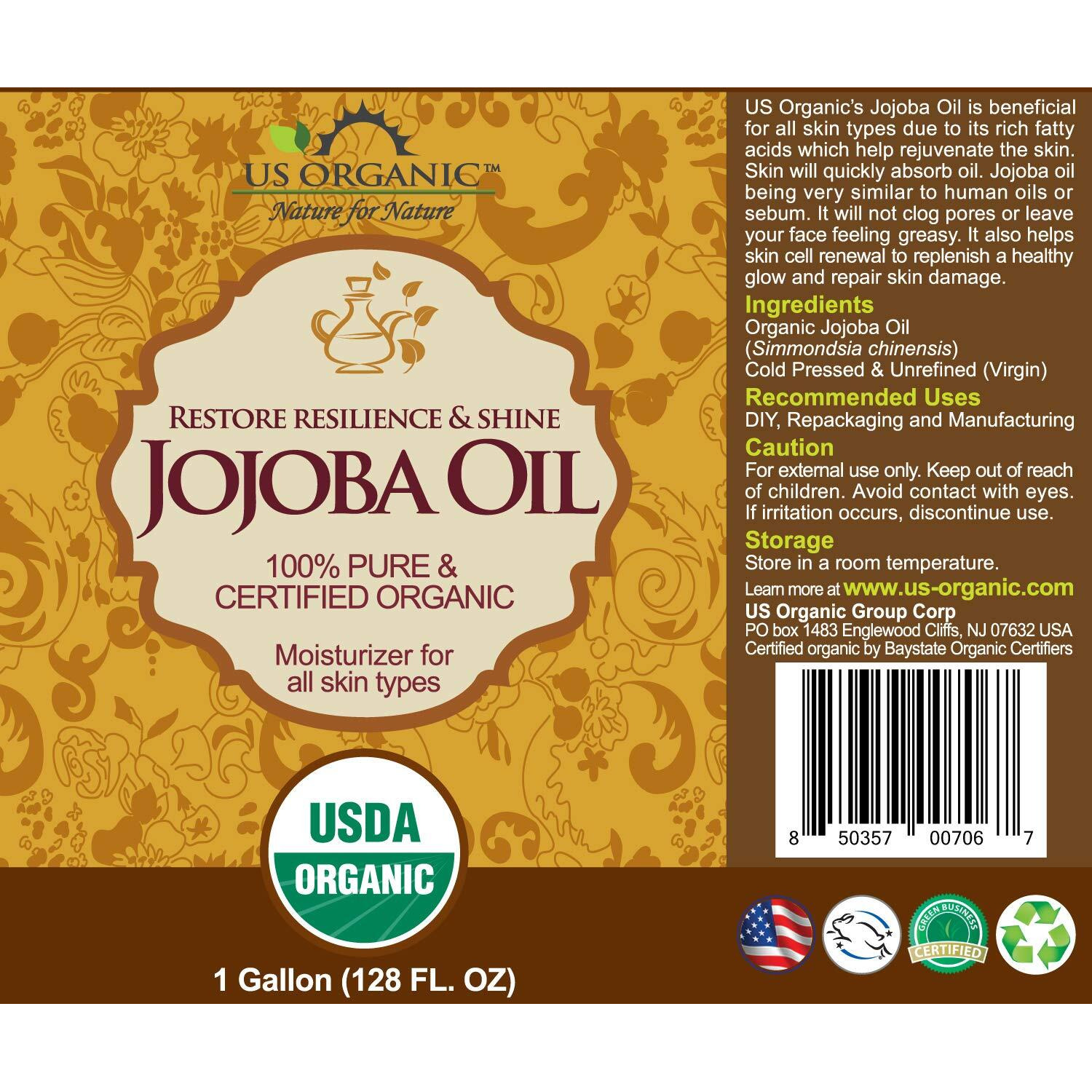 Us Organic Jojoba Oil, Usda Certified Organic,100% Pure & Natural, Cold Pressed Virgin, Unrefined, Haxane Free, Sourced From Middle East, Size For Diy And Small Manufacturers (128 Oz (1 Gallon))