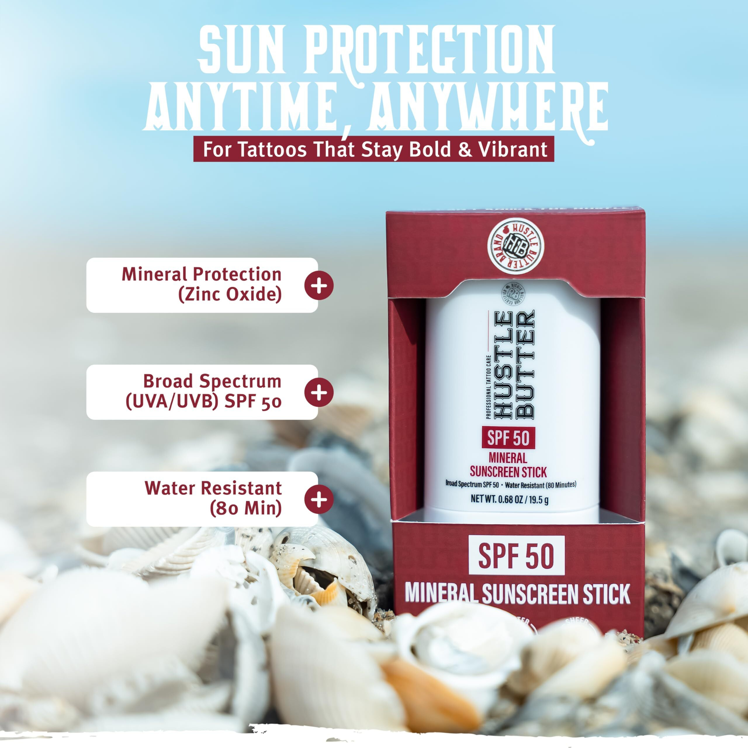 Hustle Butter Tattoo Aftercare Sunscreen Stick - Tattoo Sunscreen Stick, Fade Protection Spf 50, Hydrating With Shea Butter & Coconut Oil, Tsa-Friendly, Water Resistant, Non-Greasy, 0.68 Oz