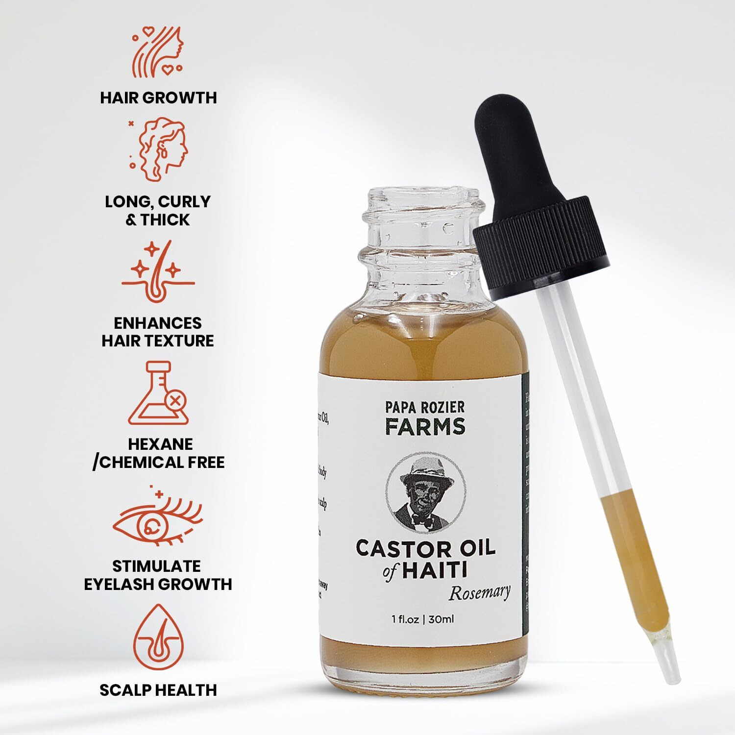 Papa Rozier Farms Rosemary Pure Organic Castor Oil Of Haiti - Cold Pressed - Hexane Free - Hair Growth Treatment - Hair Growth For Thicker Eyelashes And Eyebrows - Hair Loss Treatment, Pack Of 1