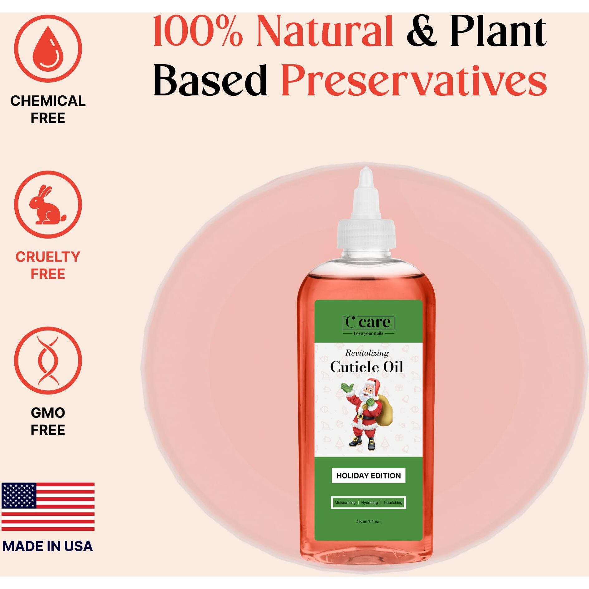 C Care Holiday Edition Cuticle Oil For Nails - Repairs Cuticles Overnight - Moisturizes And Strengthens Nails And Cuticles - Dropper & Brush Included - 8Oz