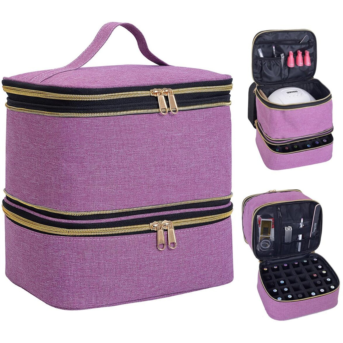 Uozl Nail Polish Organizer, Handheld Double Layer Nail Polish Storage With Adjustable Dividers, Holds 30 Bottles (15Ml/0.5 Fl.Oz) For Nail Polish Lamp Manicure Tools And Essential Oil, Purple