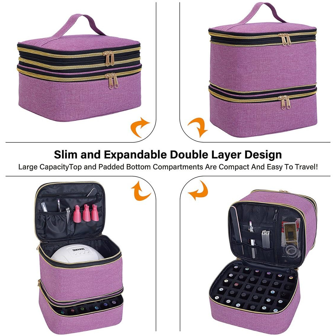 Uozl Nail Polish Organizer, Handheld Double Layer Nail Polish Storage With Adjustable Dividers, Holds 30 Bottles (15Ml/0.5 Fl.Oz) For Nail Polish Lamp Manicure Tools And Essential Oil, Purple