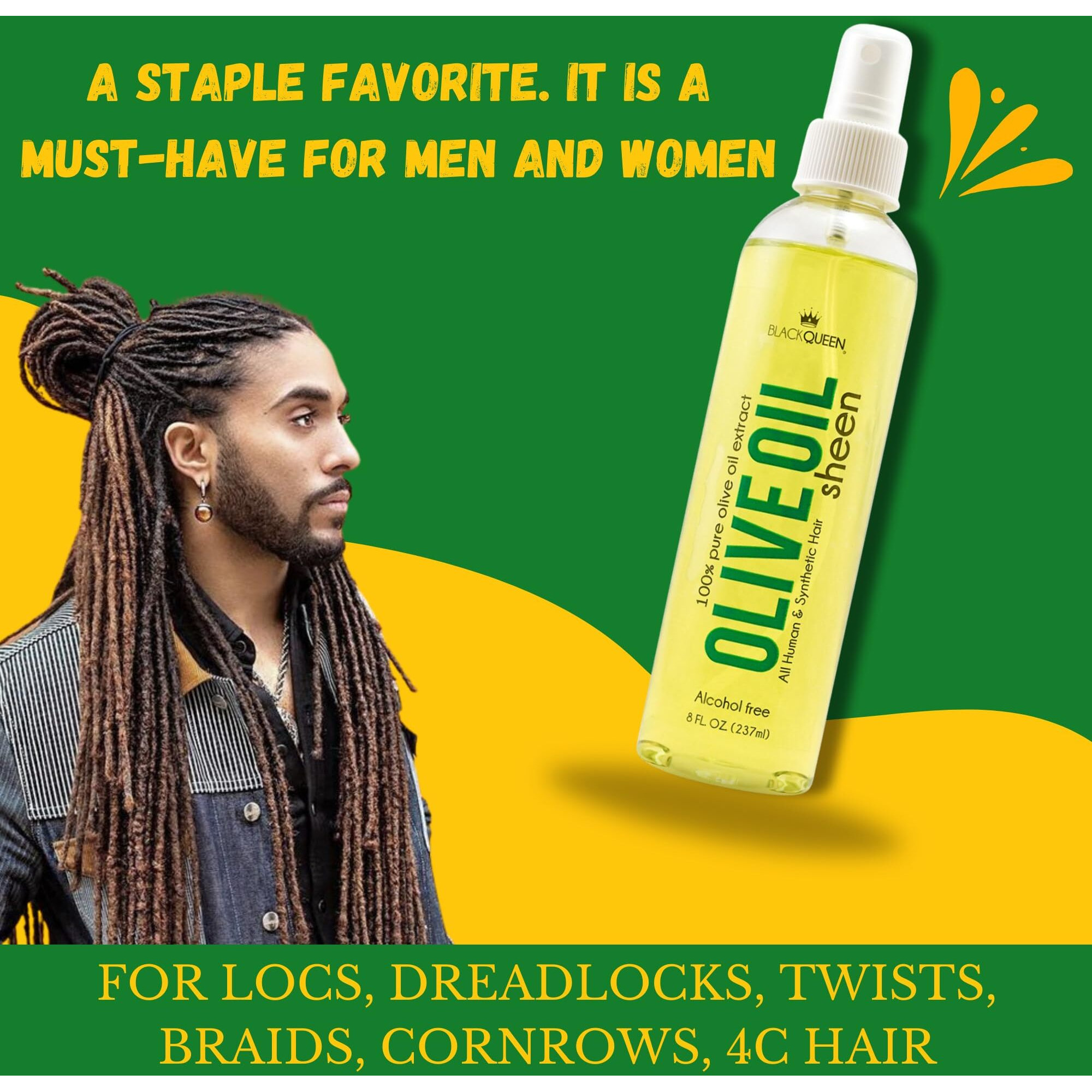 Black Queen Olive Oil Sheen Spray For Locs, Dreadlocks, Twists, Braids, Cornrows, 4C Hair - Moisturizing, Refreshing - 8 Oz- Made In The Usa (Pack Of 2)